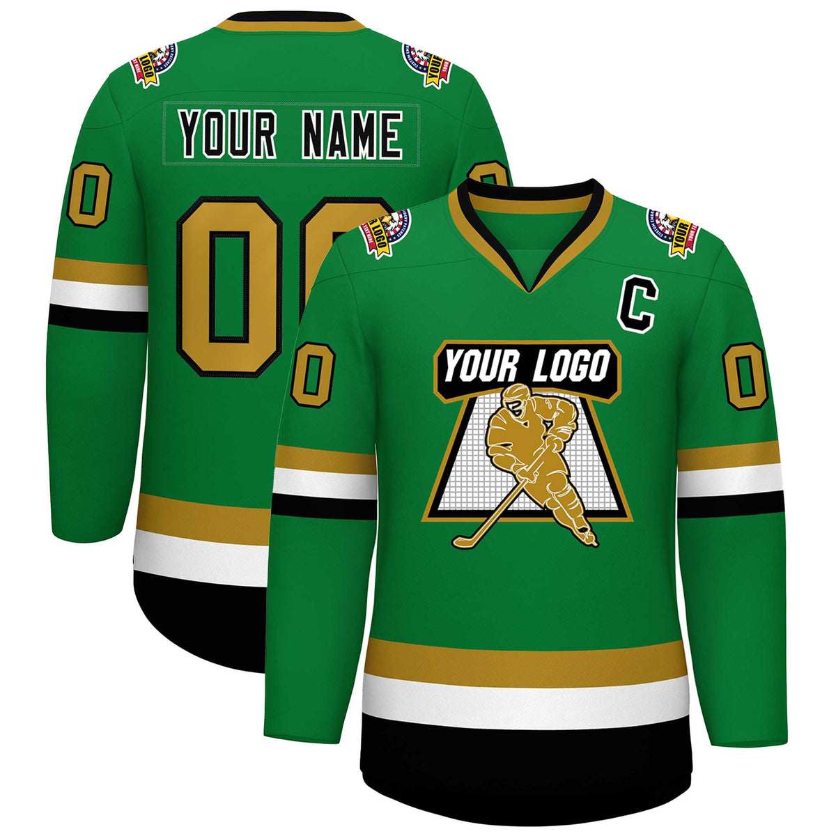 Custom Kelly Green Black White-Old Gold Classic Style Hockey Jersey | KXKSHOP