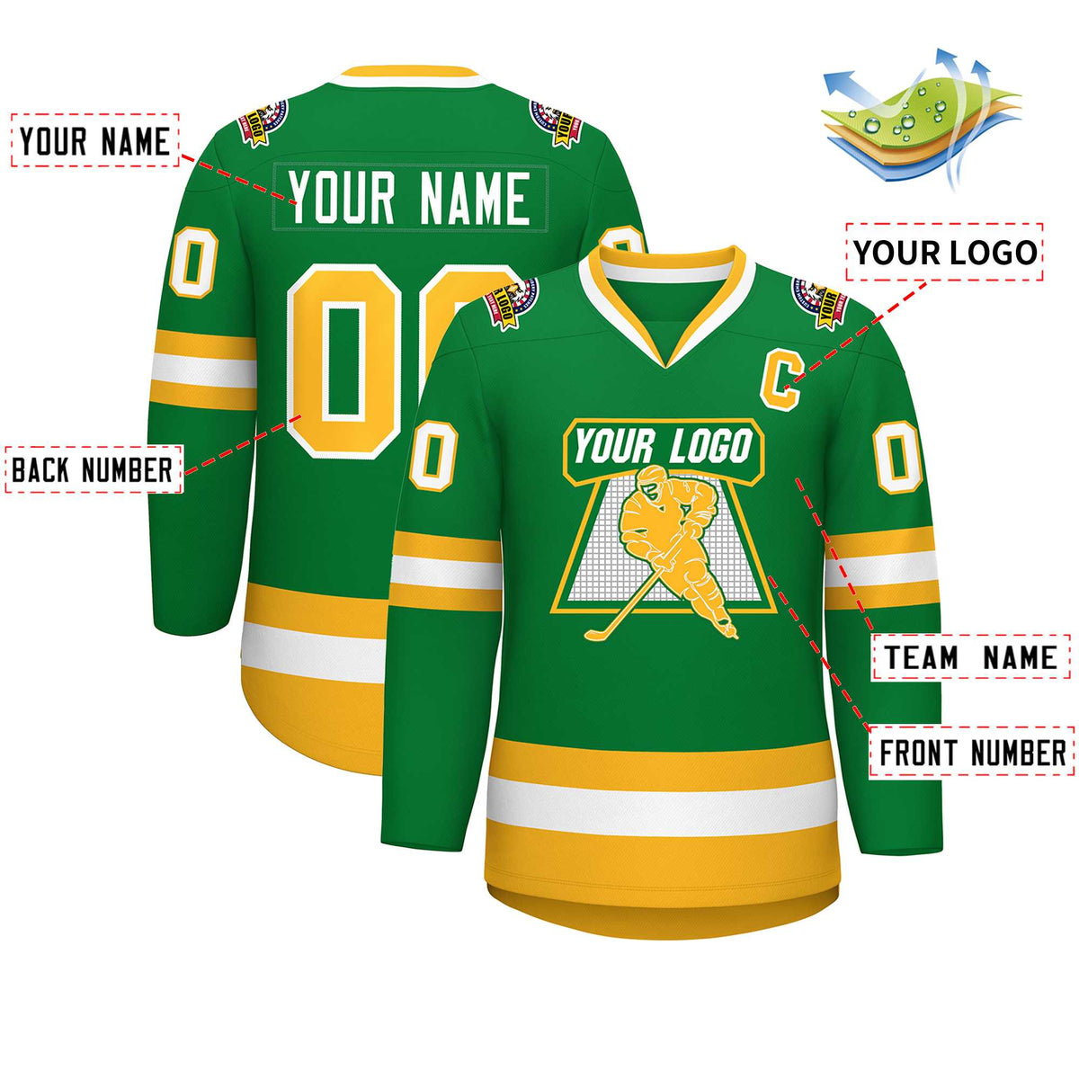 Custom Kelly Green Gold-White Classic Style Hockey Jersey | KXKSHOP