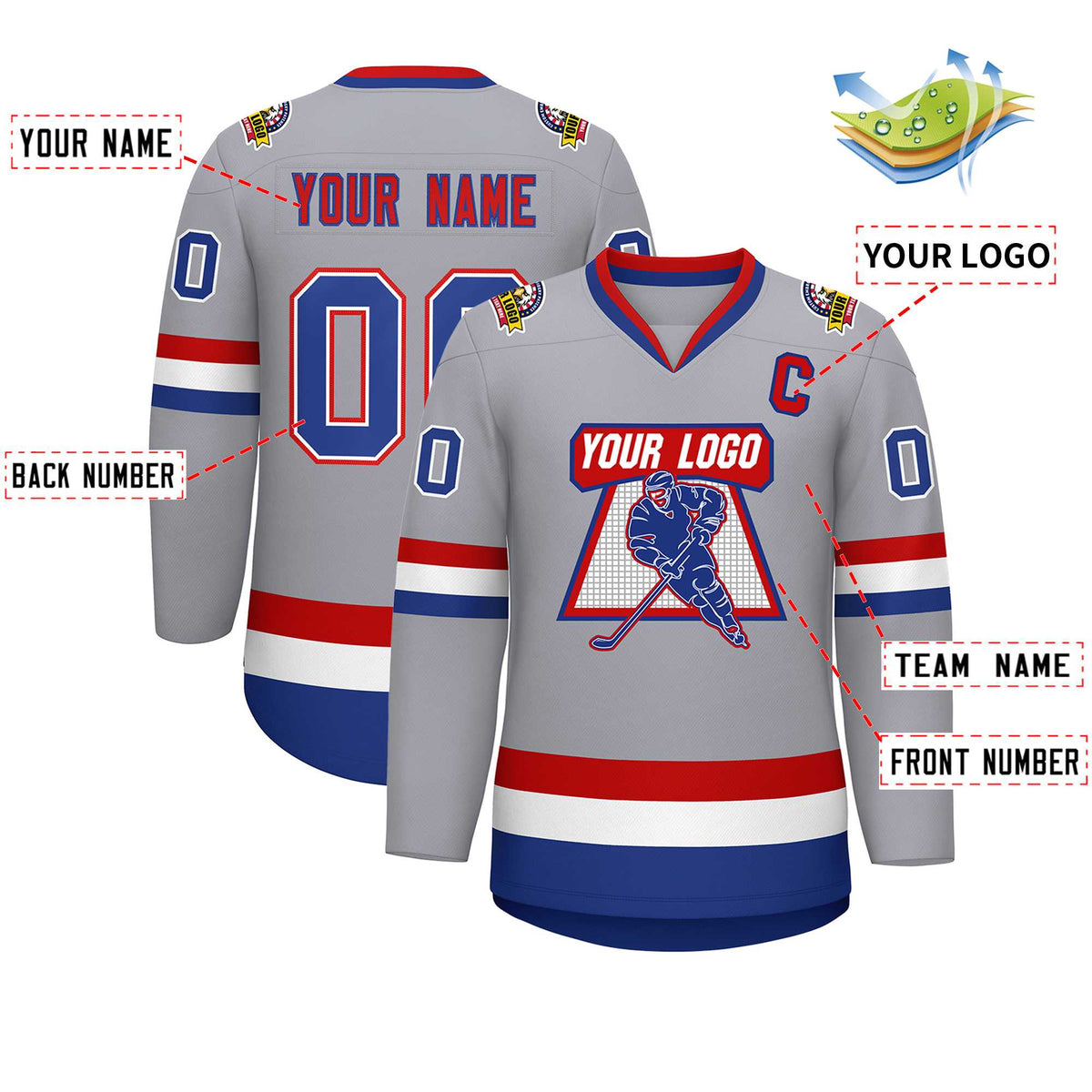 Custom Gray Royal White-Red Classic Style Hockey Jersey | KXKSHOP