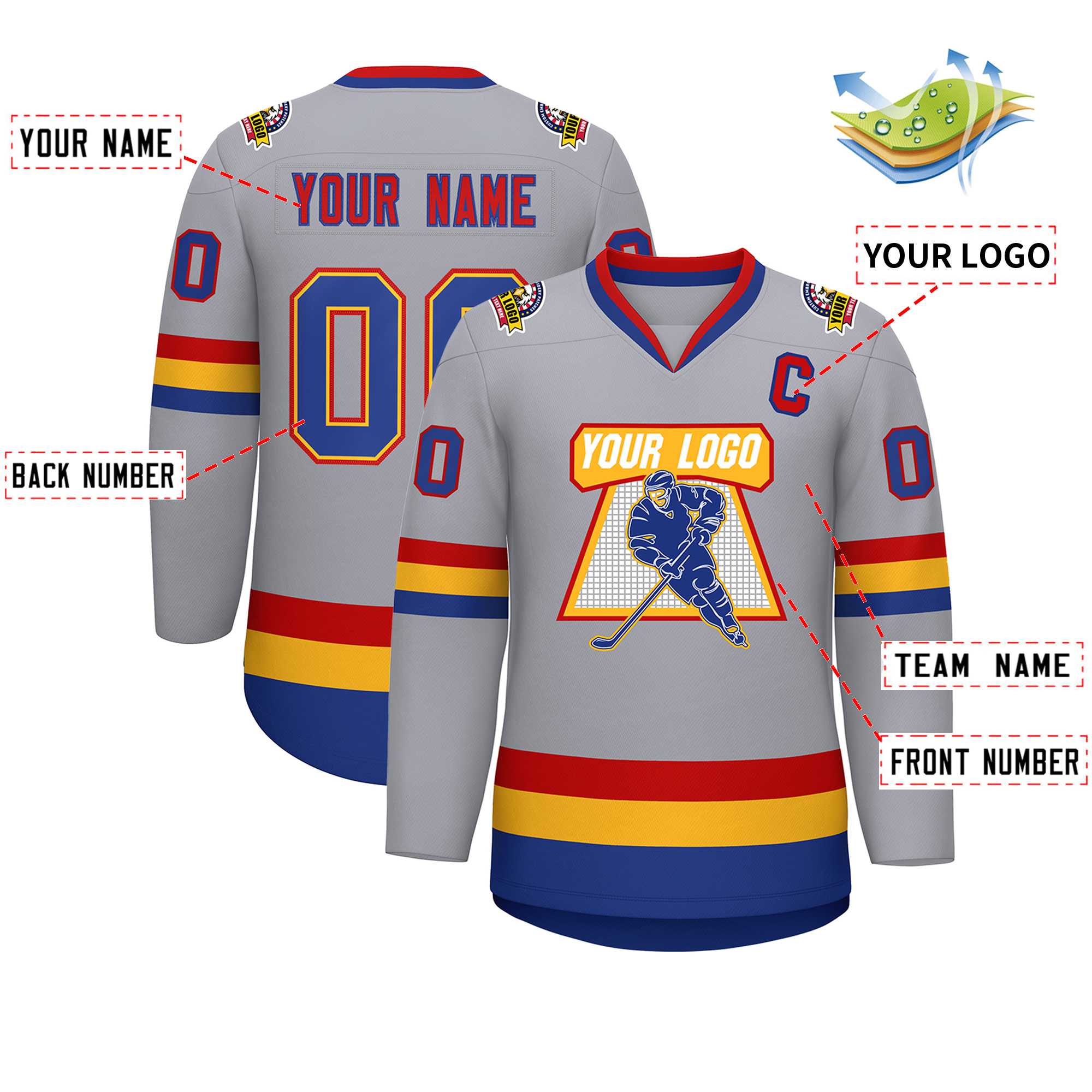 Custom Gray Royal Gold-Red Classic Style Hockey Jersey | KXKSHOP
