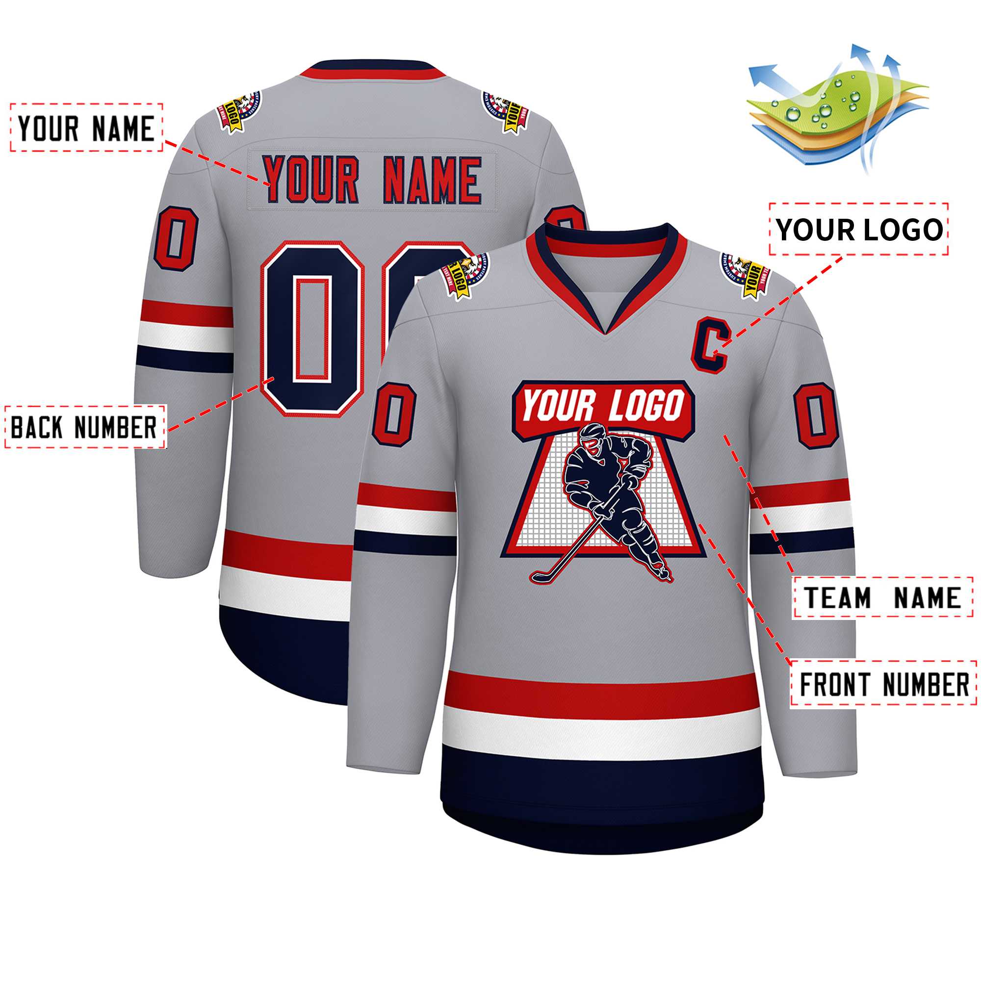 Custom Gray Navy White-Red Classic Style Hockey Jersey | KXKSHOP