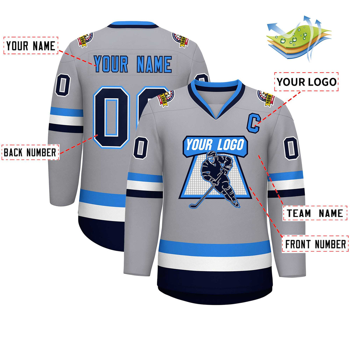 Custom Gray Navy White-Powder Blue Classic Style Hockey Jersey | KXKSHOP