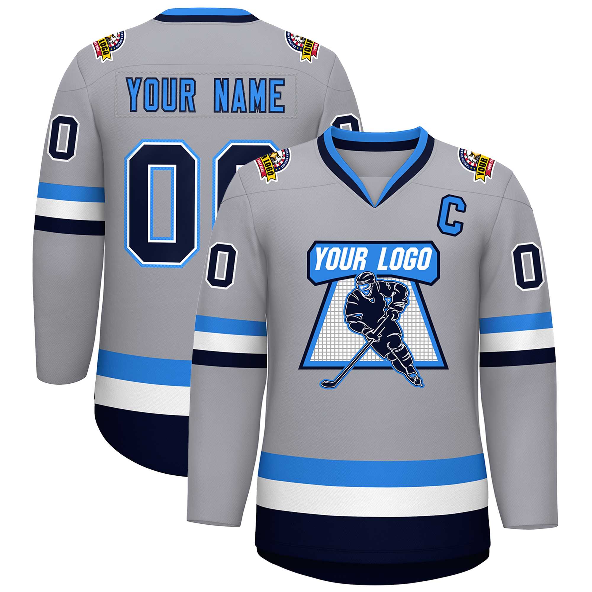Custom Gray Navy White-Powder Blue Classic Style Hockey Jersey | KXKSHOP