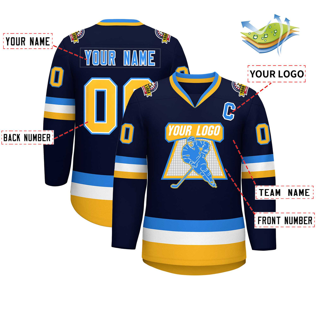 Custom Navy Gold White-Powder Blue Classic Style Hockey Jersey | KXKSHOP