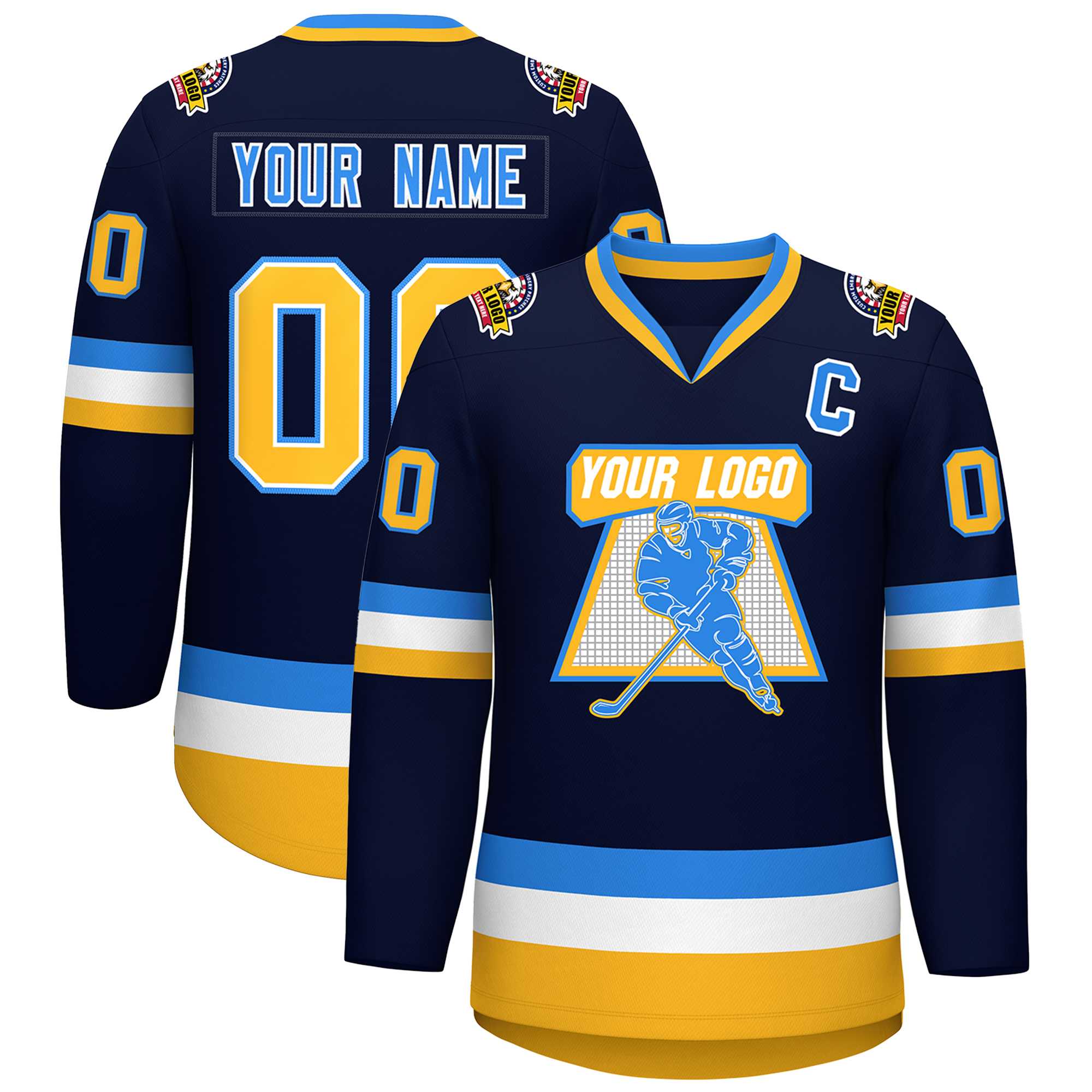 Custom Navy Gold White-Powder Blue Classic Style Hockey Jersey | KXKSHOP