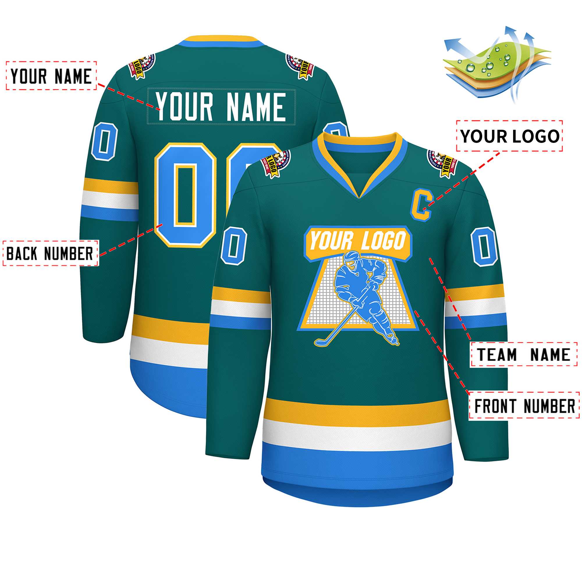 Custom Teal Powder Blue White-Gold Classic Style Hockey Jersey | KXKSHOP