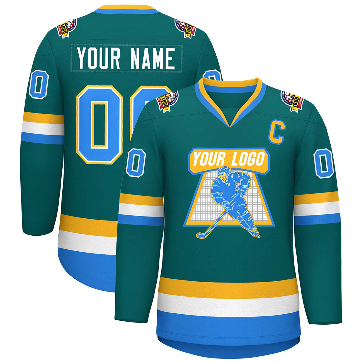 Custom Teal Powder Blue White-Gold Classic Style Hockey Jersey | KXKSHOP