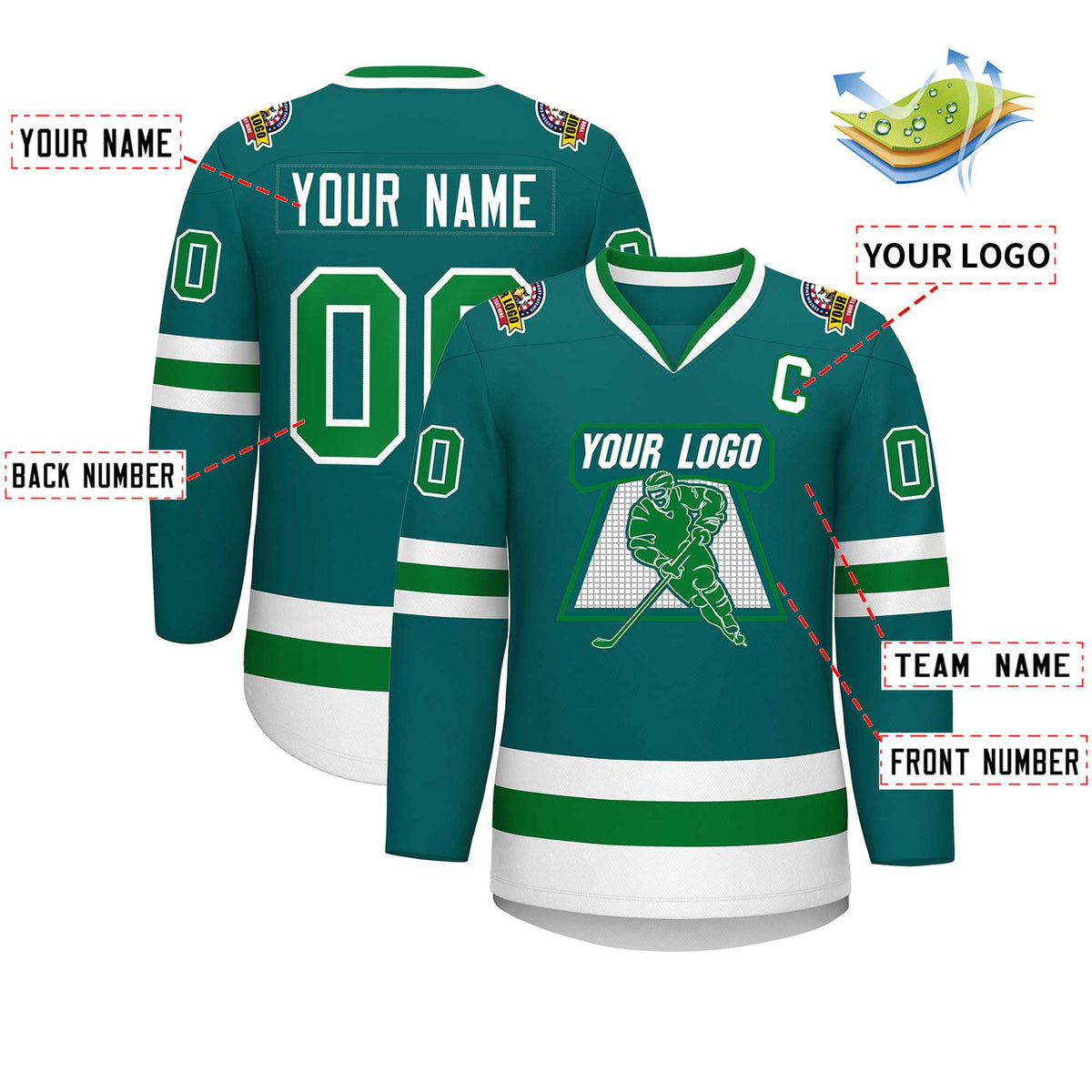 Custom Teal Kelly Green-White Classic Style Hockey Jersey | KXKSHOP