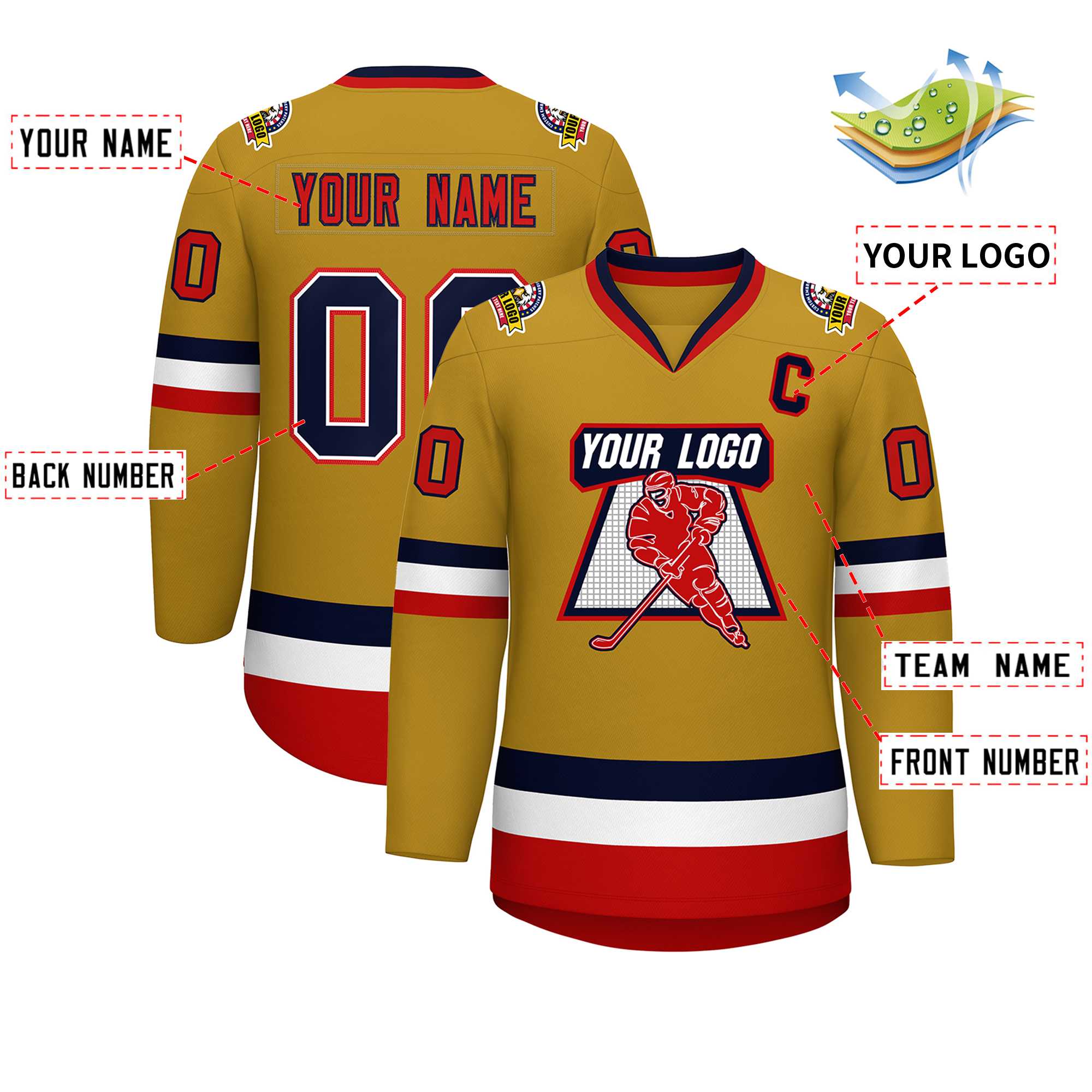 Custom Old Gold Navy White-Red Classic Style Hockey Jersey | KXKSHOP