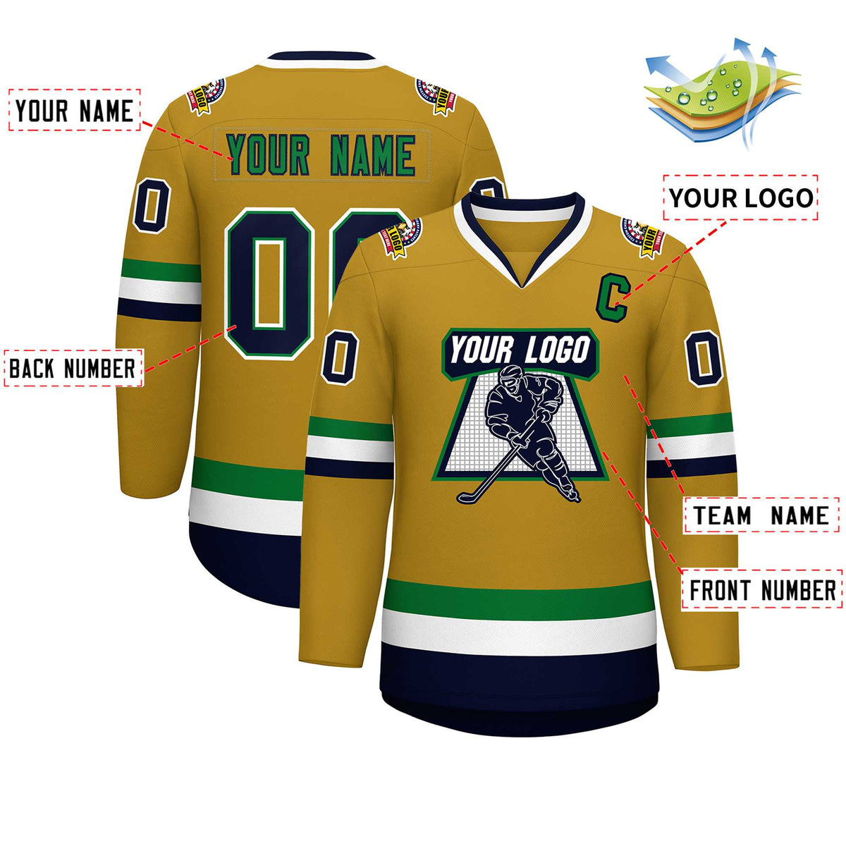 Custom Old Gold Navy Kelly Green-White Classic Style Hockey Jersey | KXKSHOP