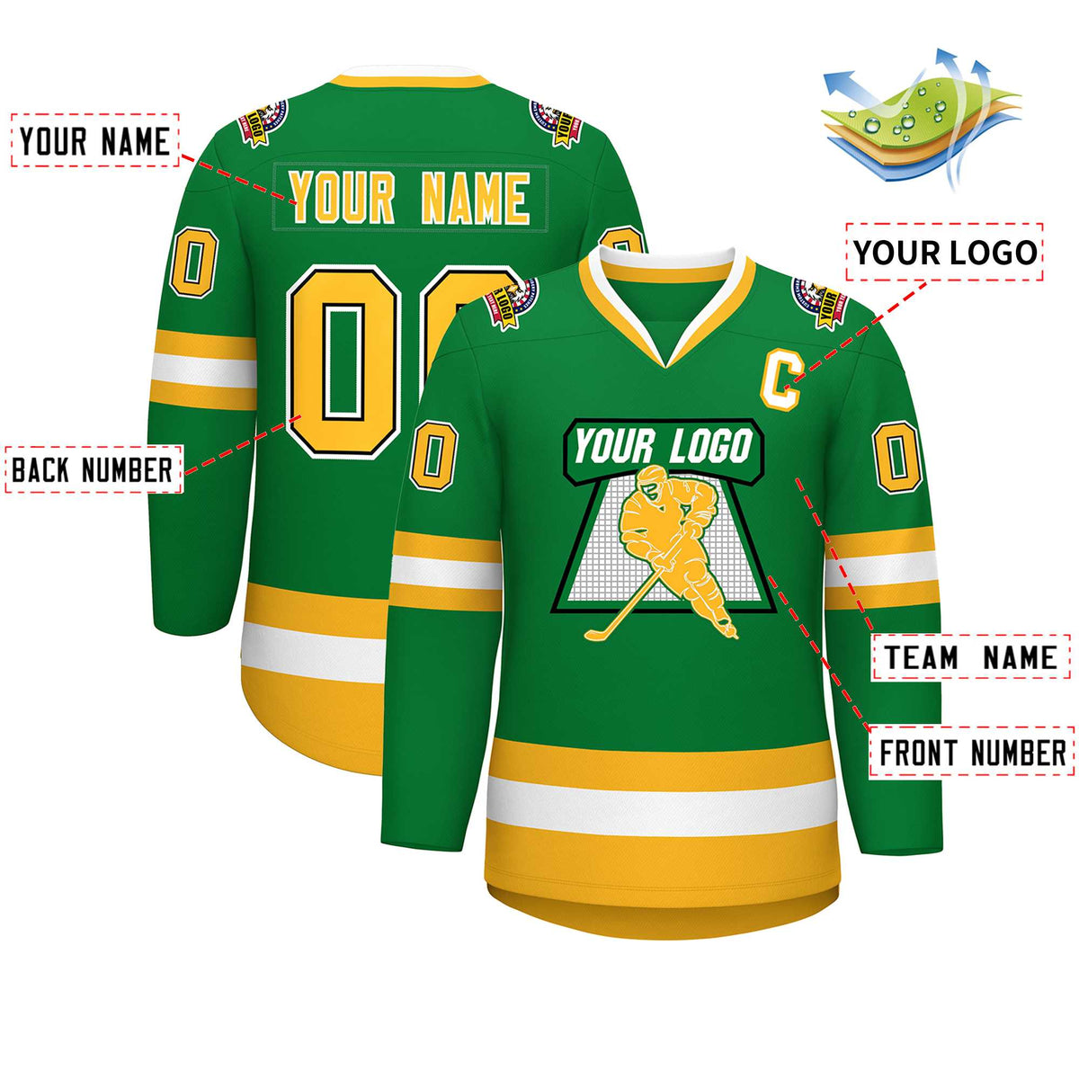 Custom Kelly Green Gold Black-White Classic Style Hockey Jersey | KXKSHOP
