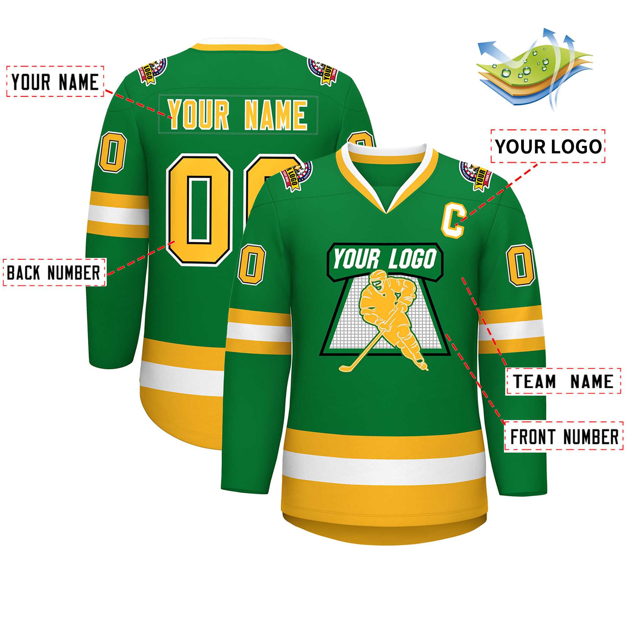 Custom Kelly Green Gold Black-White Classic Style Hockey Jersey | KXKSHOP