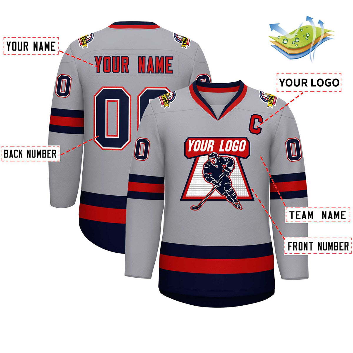 Custom Gray Navy White-Red Classic Style Hockey Jersey | KXKSHOP