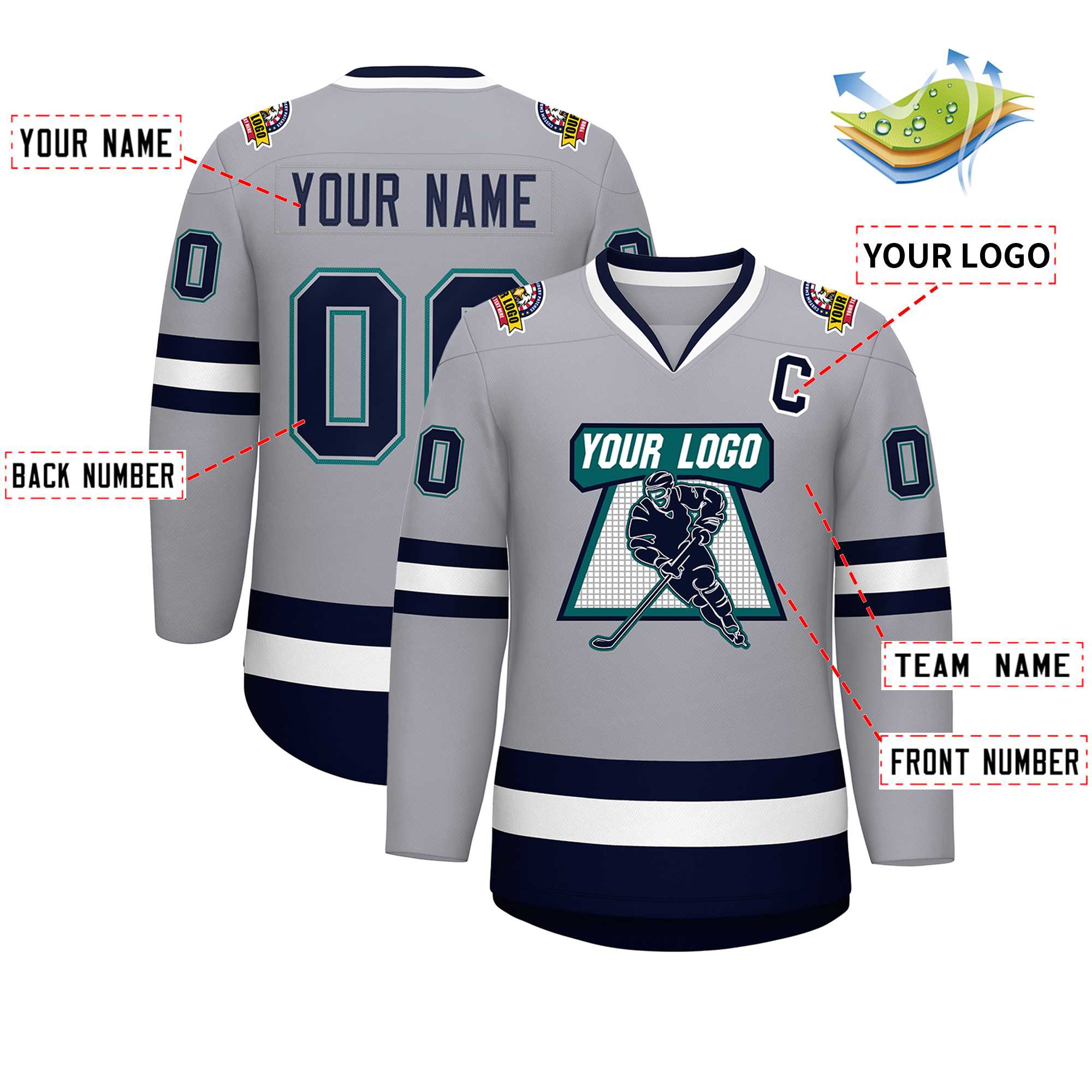 Custom Gray Navy Gray-Aqua Classic Style Hockey Jersey | KXKSHOP