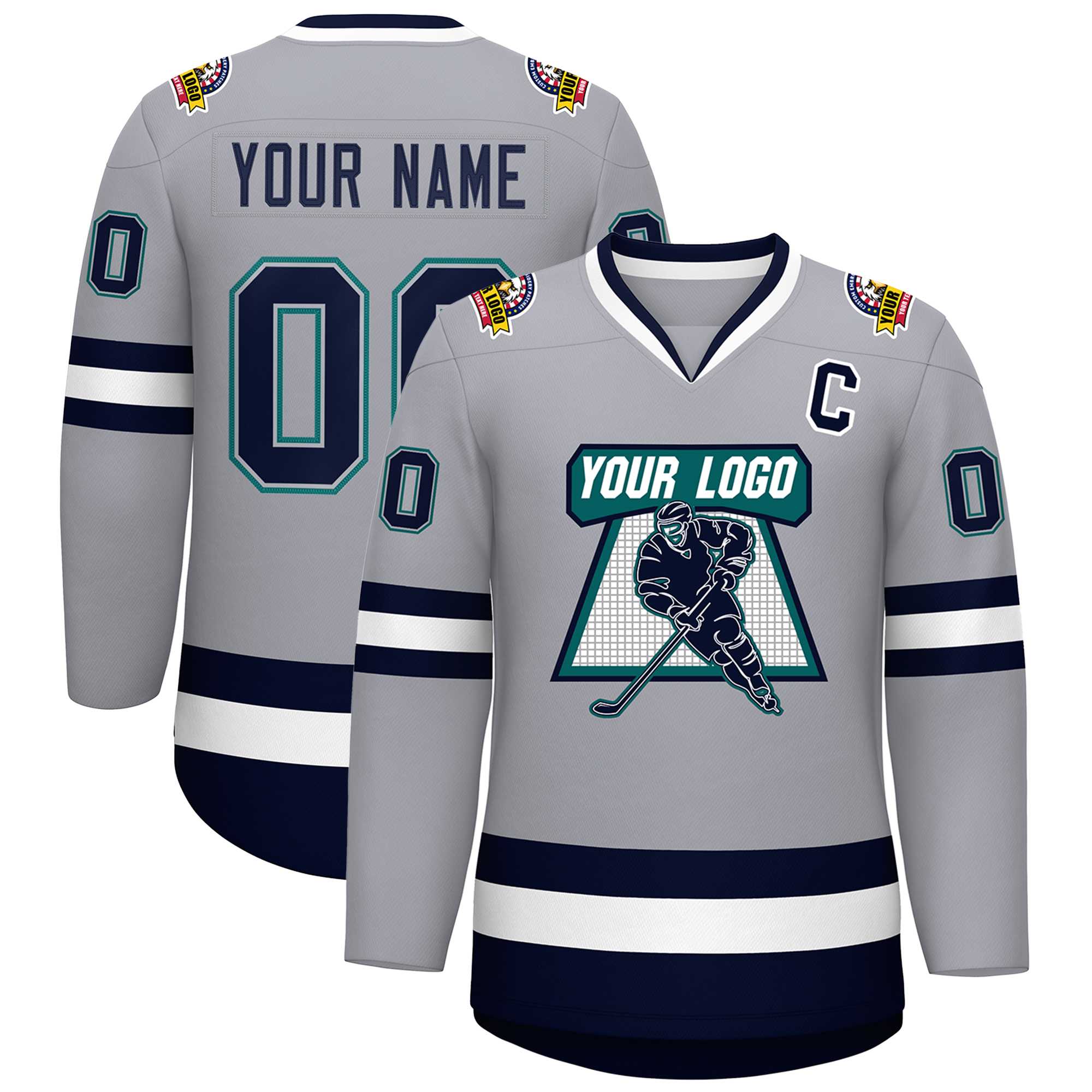 Custom Gray Navy Gray-Aqua Classic Style Hockey Jersey | KXKSHOP