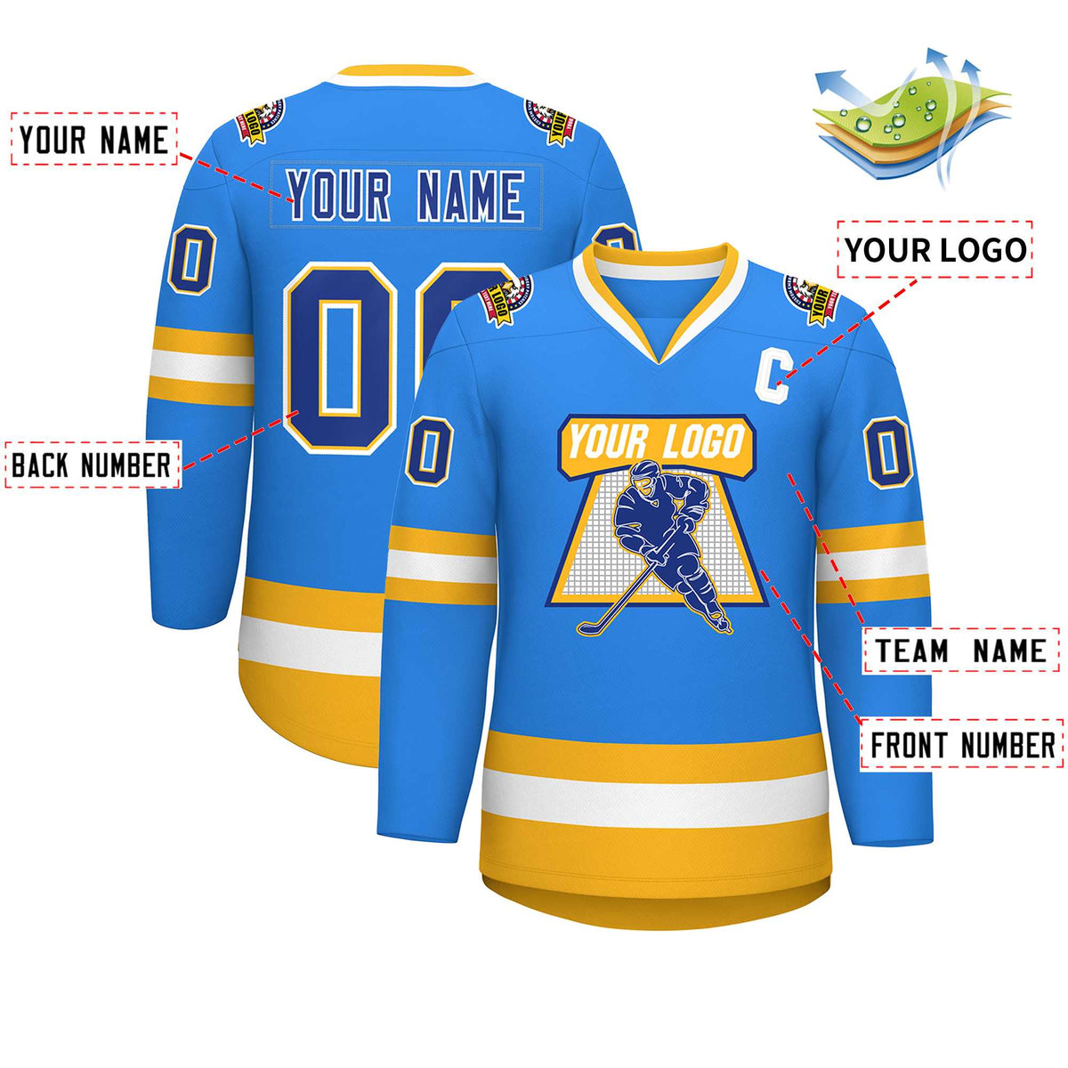 Custom Powder Blue Royal Gold-White Classic Style Hockey Jersey | KXKSHOP