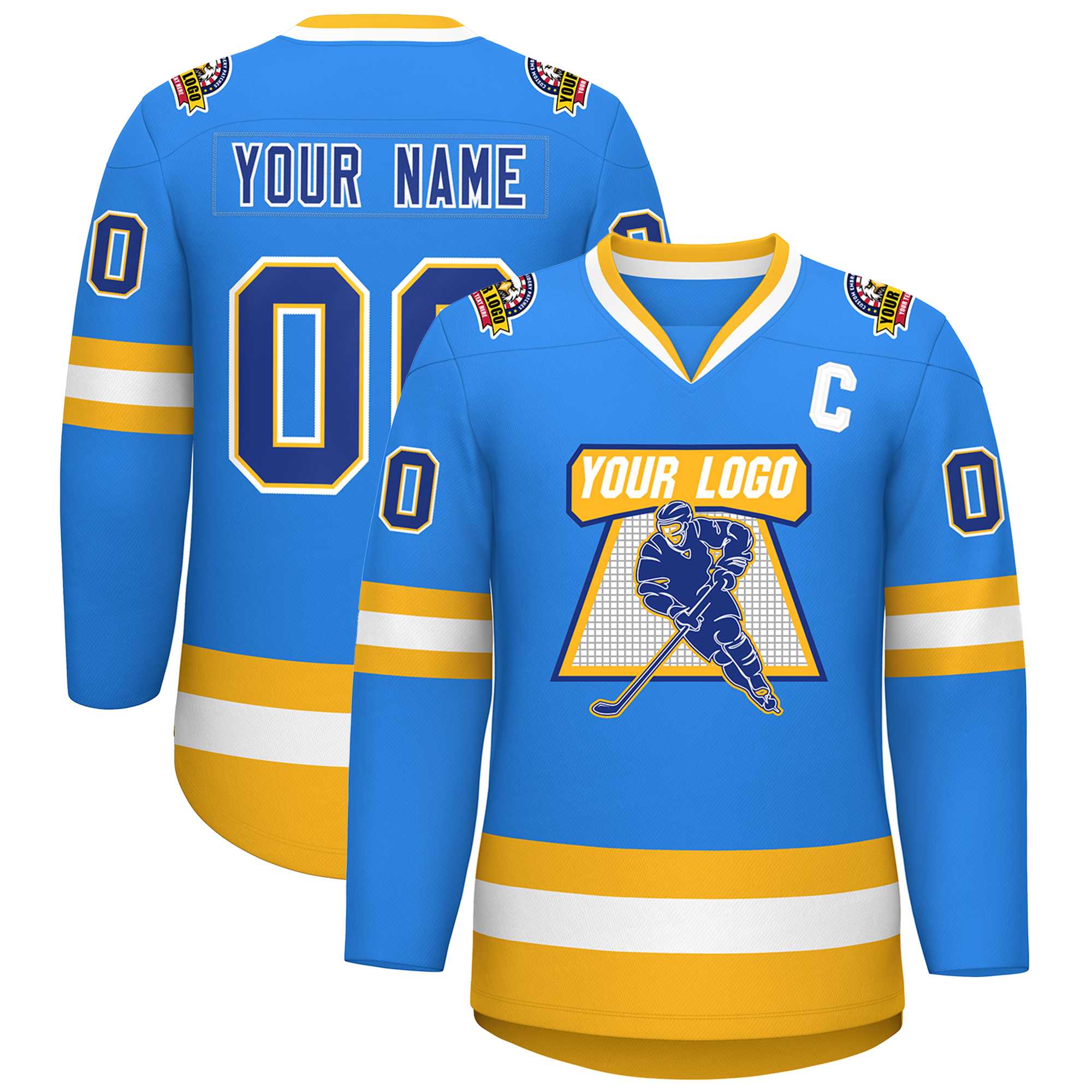 Custom Powder Blue Royal Gold-White Classic Style Hockey Jersey | KXKSHOP