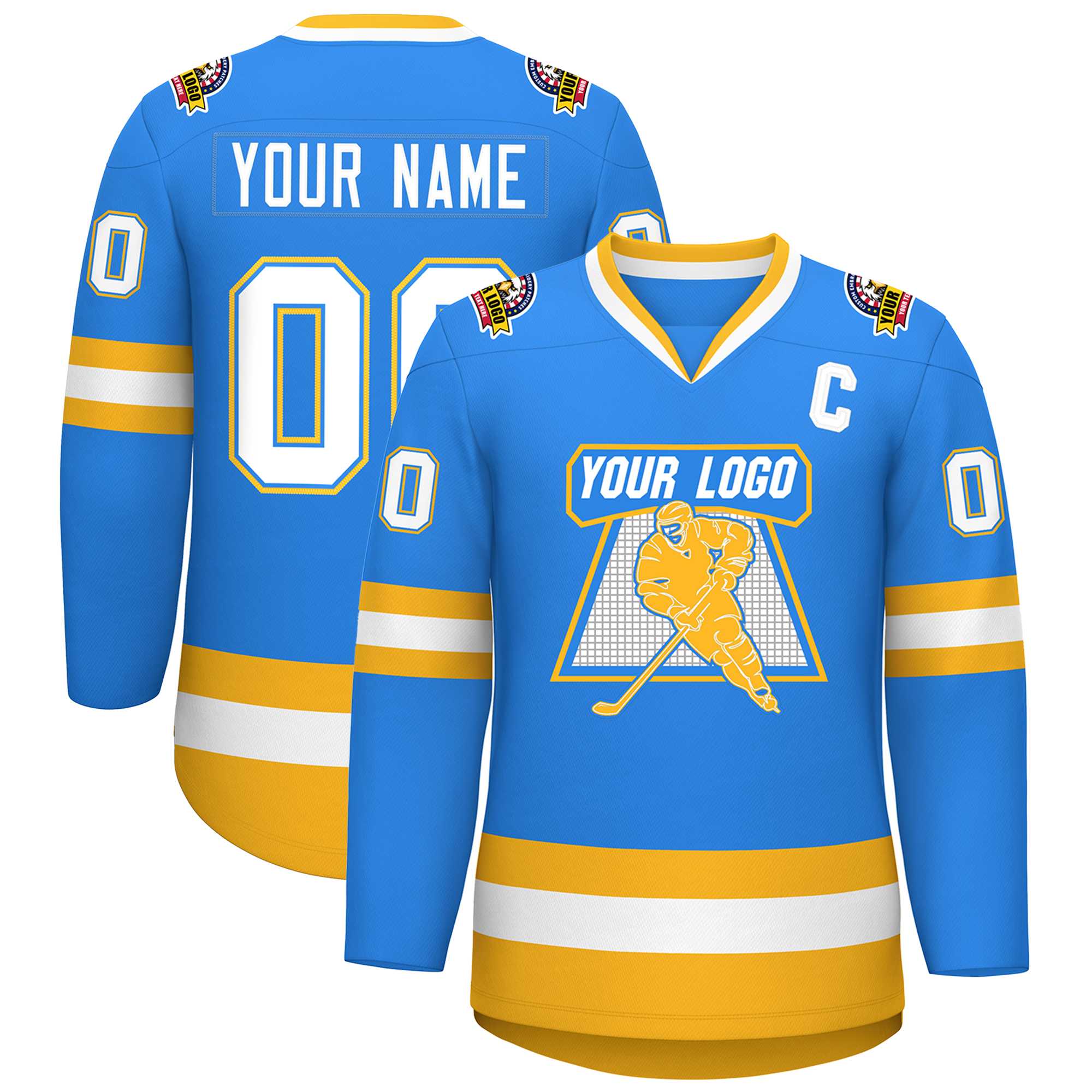 Custom Powder Blue White Powder Blue-Gold Classic Style Hockey Jersey | KXKSHOP
