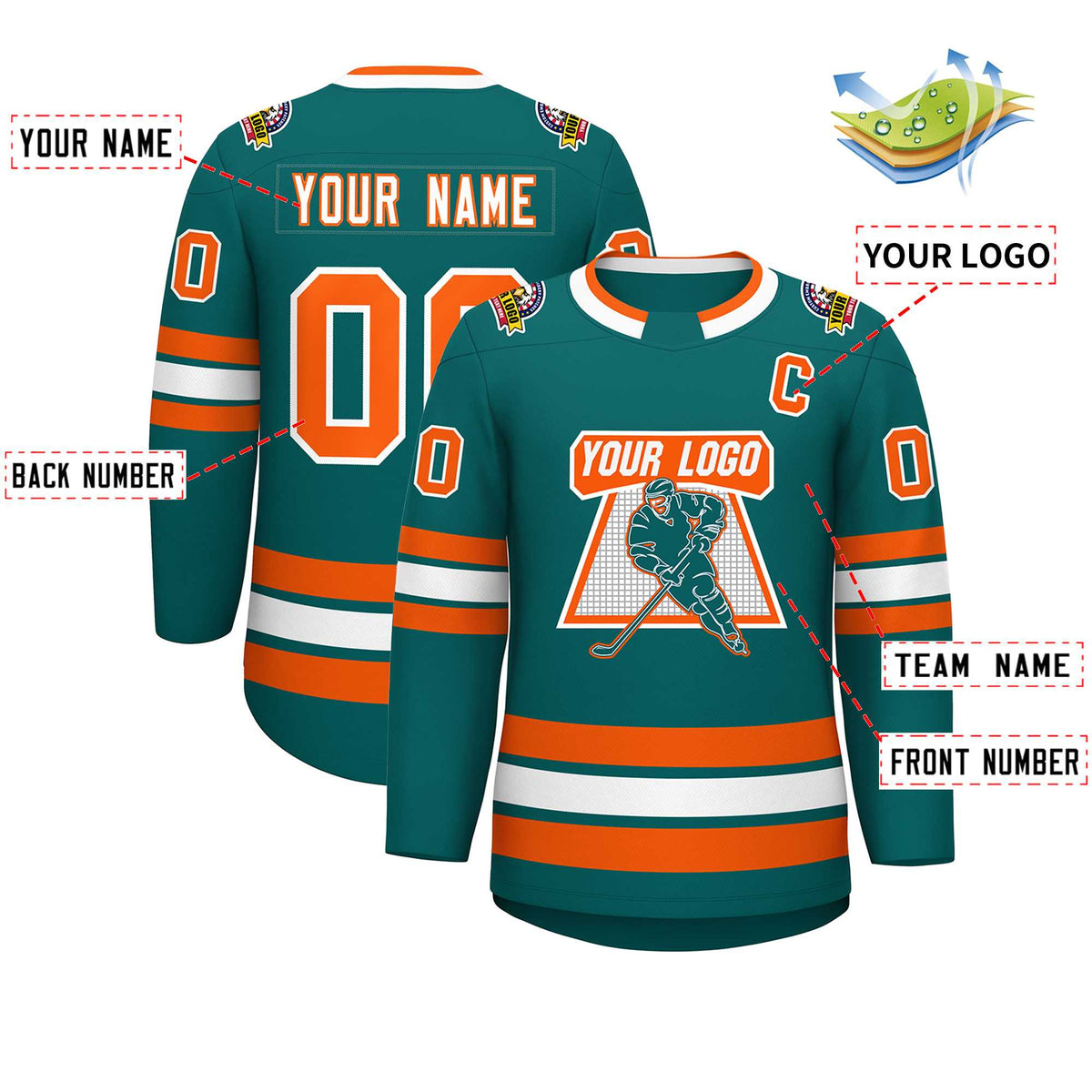 Custom Teal White-Orange Classic Style Hockey Jersey | KXKSHOP