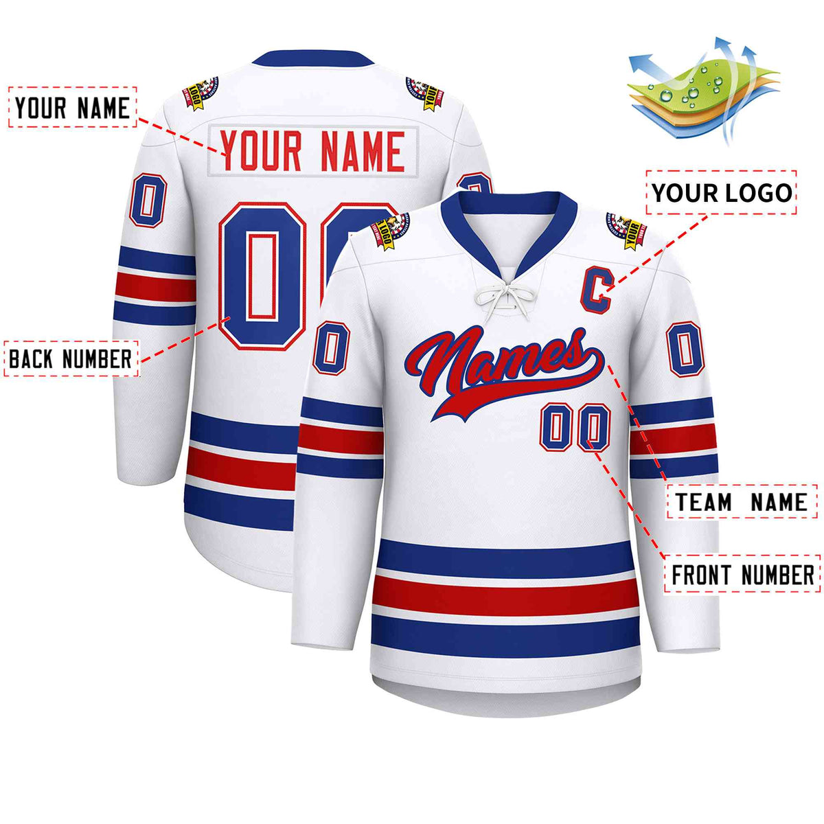 Custom White Royal-Red Lace-Up Neck Hockey Jersey | KXKSHOP