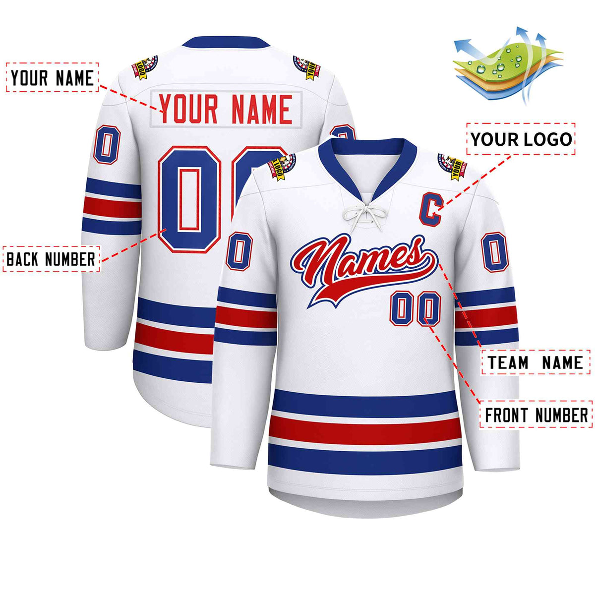 Custom White Royal-Red Lace-Up Neck Hockey Jersey | KXKSHOP