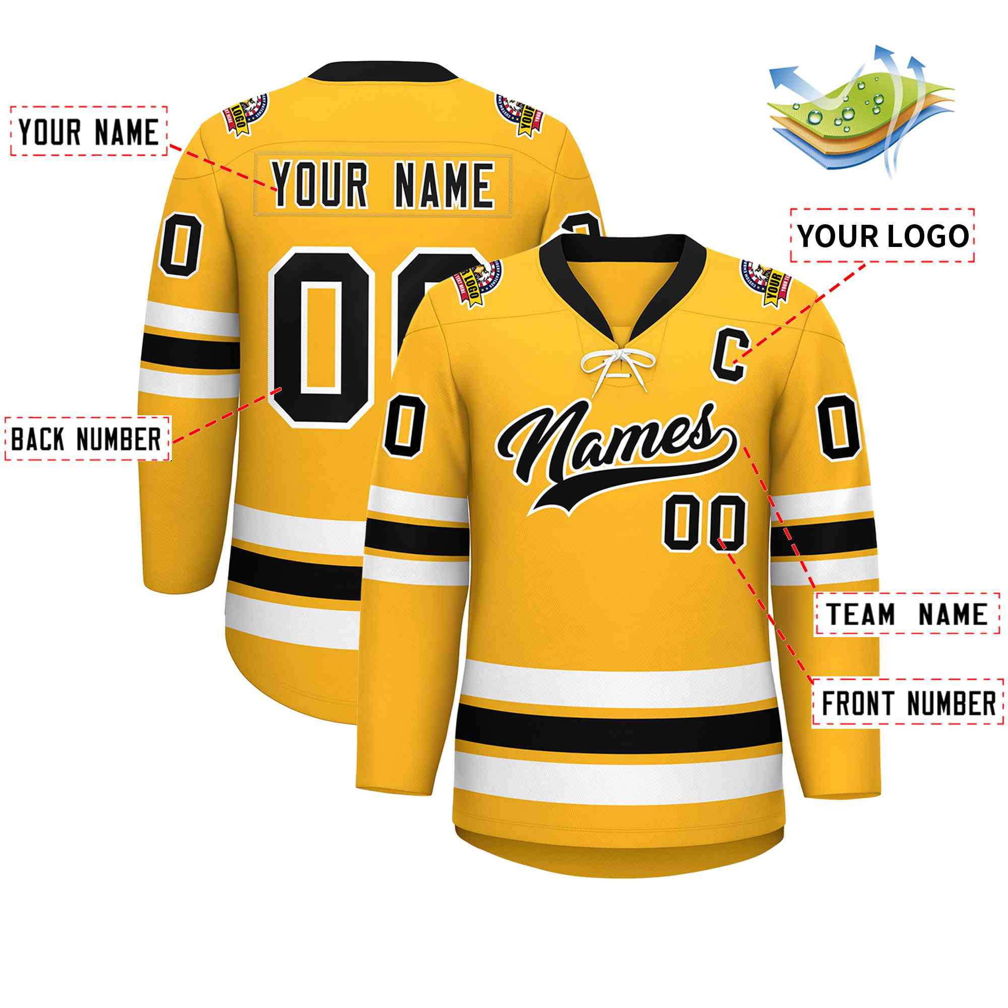 Custom Gold Black-White Lace-Up Neck Hockey Jersey | KXKSHOP