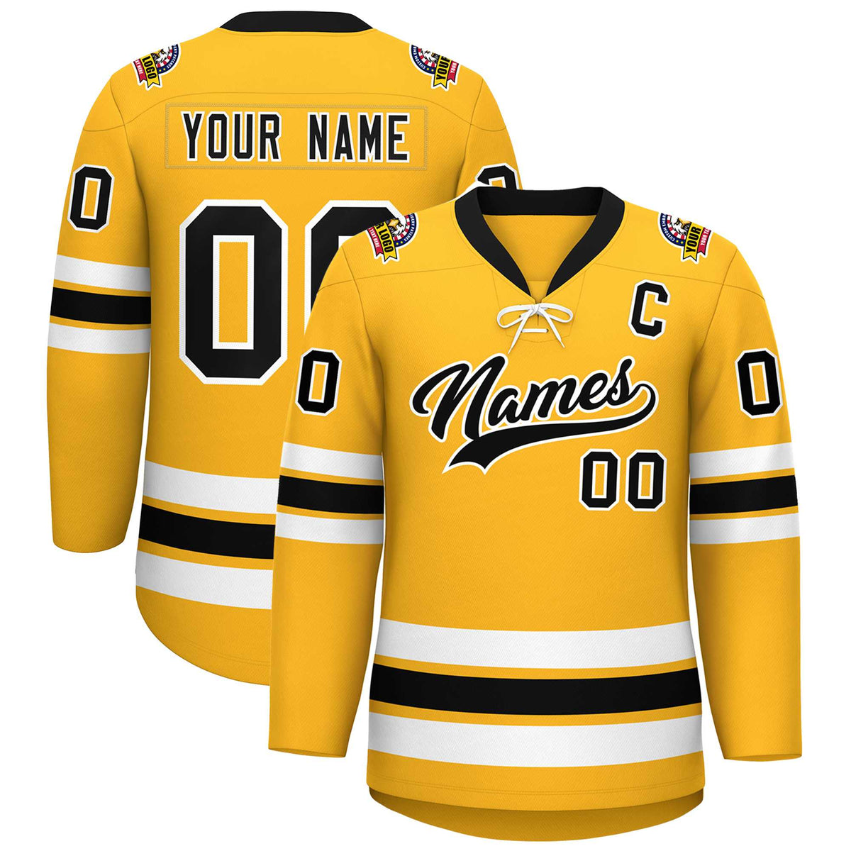 Custom Gold Black-White Lace-Up Neck Hockey Jersey | KXKSHOP