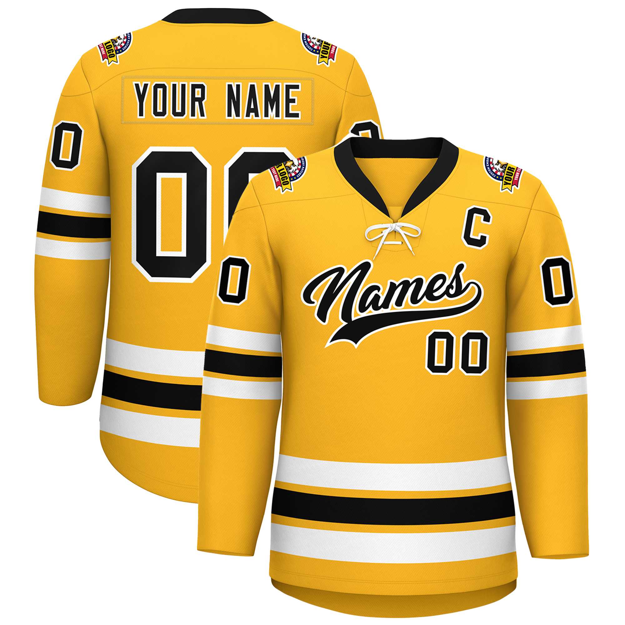 Custom Gold Black-White Lace-Up Neck Hockey Jersey | KXKSHOP