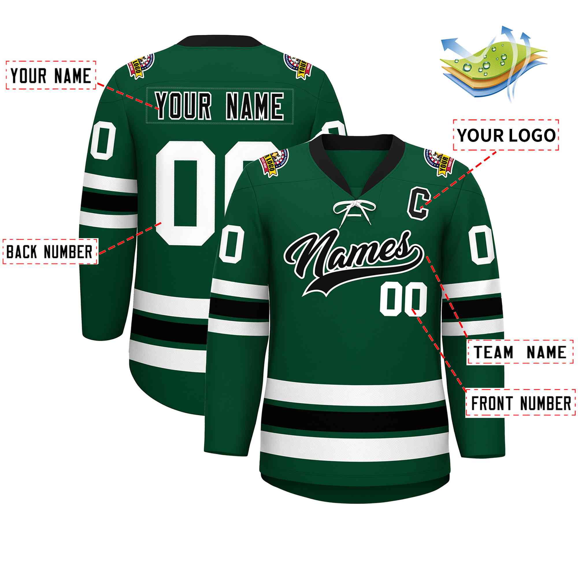 Custom Green Black-White Lace-Up Neck Hockey Jersey | KXKSHOP
