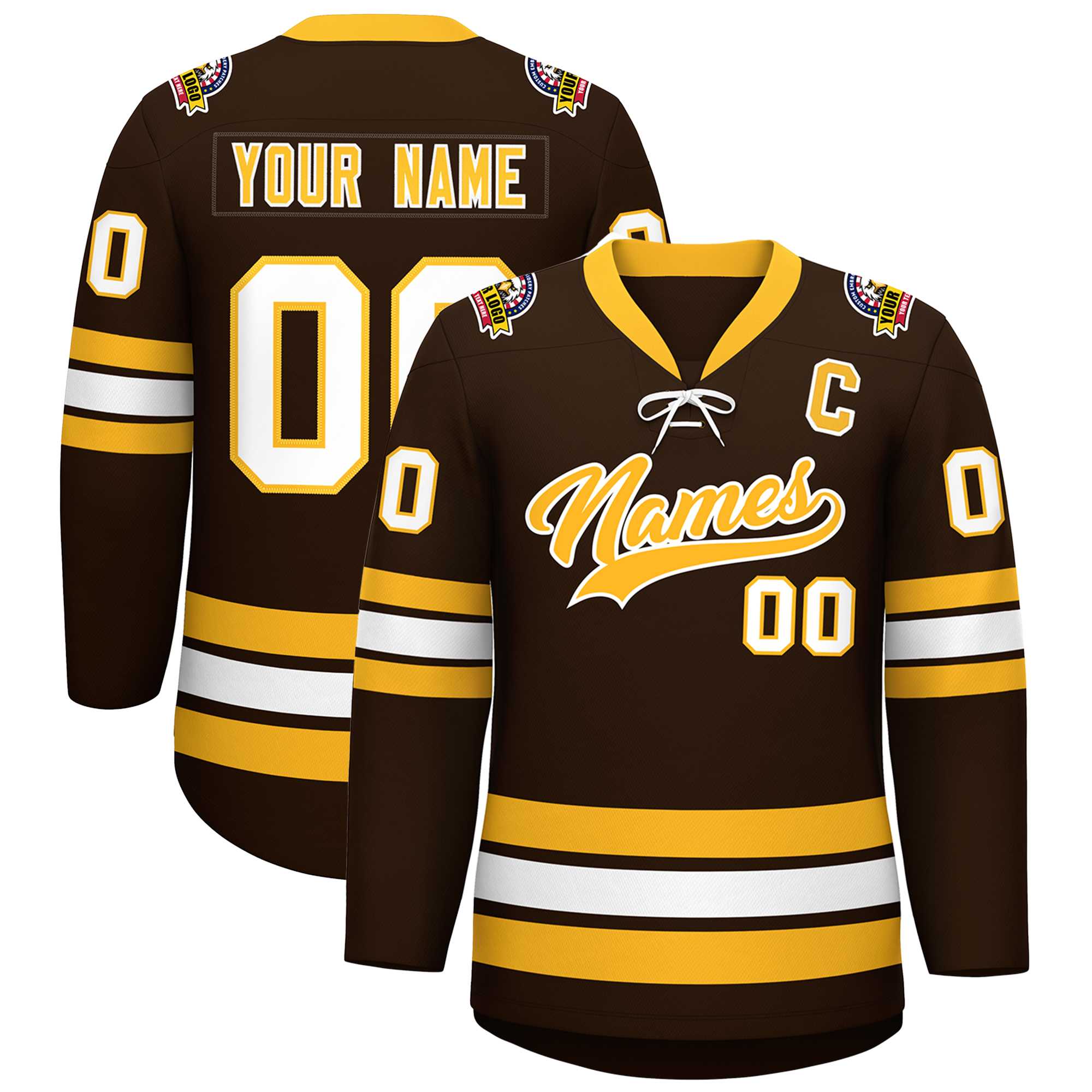 Custom Brown Yellow-White Lace-Up Neck Hockey Jersey | KXKSHOP