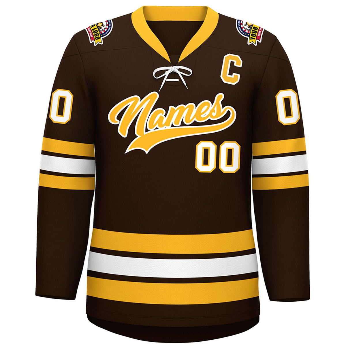 Custom Brown Yellow-White Lace-Up Neck Hockey Jersey | KXKSHOP