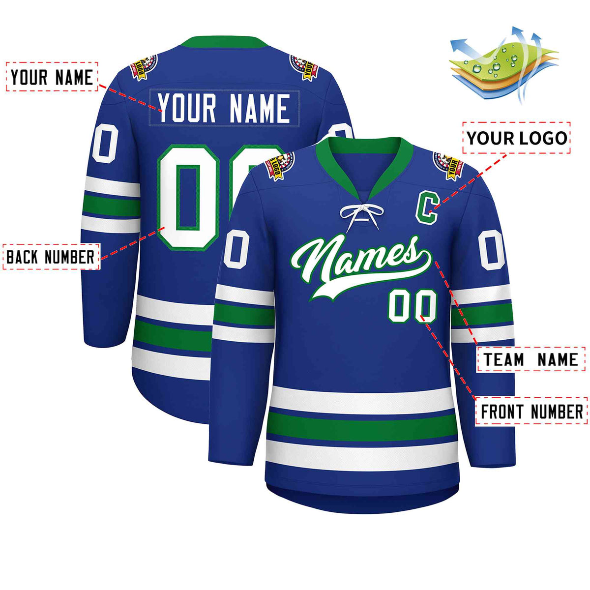 Custom Royal White-Kelly Green Lace-Up Neck Hockey Jersey | KXKSHOP