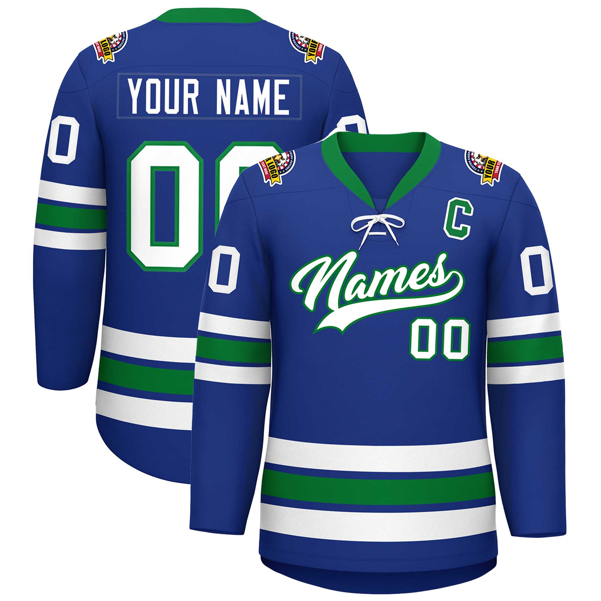 Custom Royal White-Kelly Green Lace-Up Neck Hockey Jersey | KXKSHOP