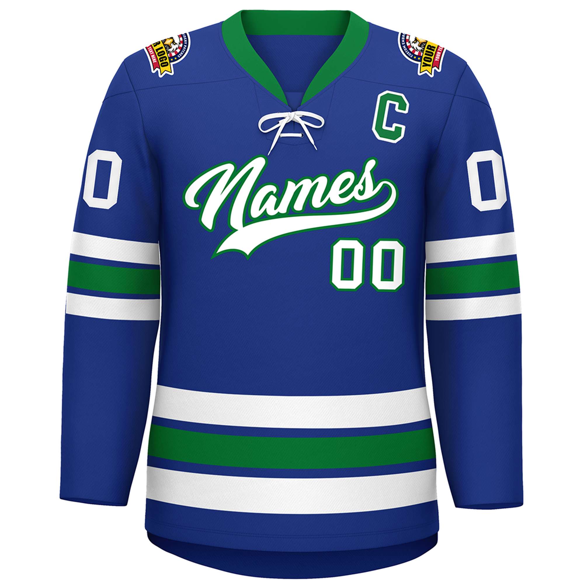 Custom Royal White-Kelly Green Lace-Up Neck Hockey Jersey | KXKSHOP