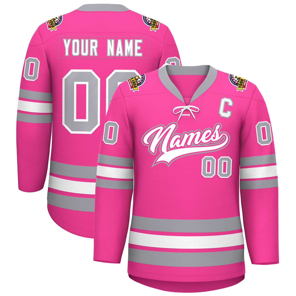 Custom Pink White-Gray Lace-Up Neck Hockey Jersey | KXKSHOP
