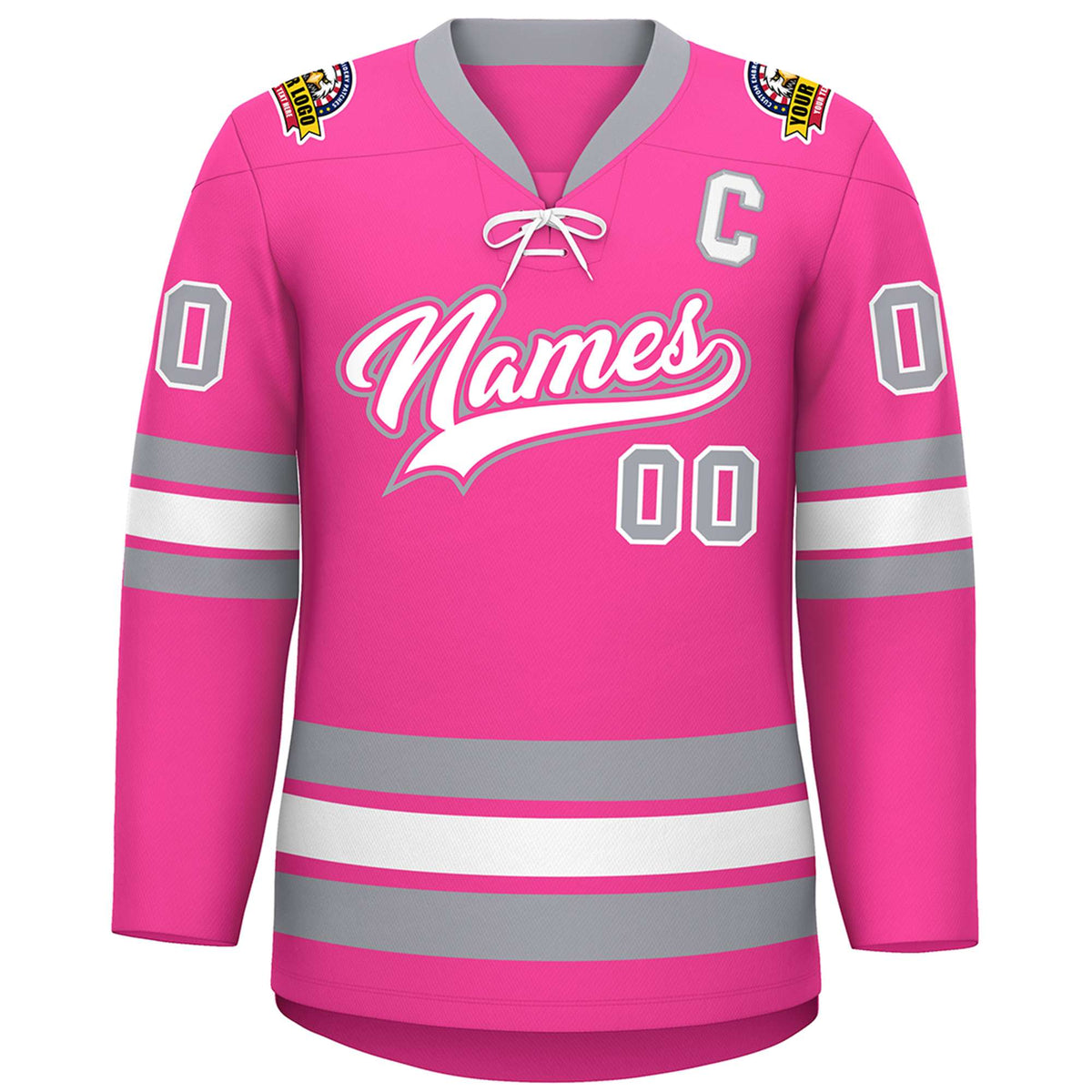Custom Pink White-Gray Lace-Up Neck Hockey Jersey | KXKSHOP