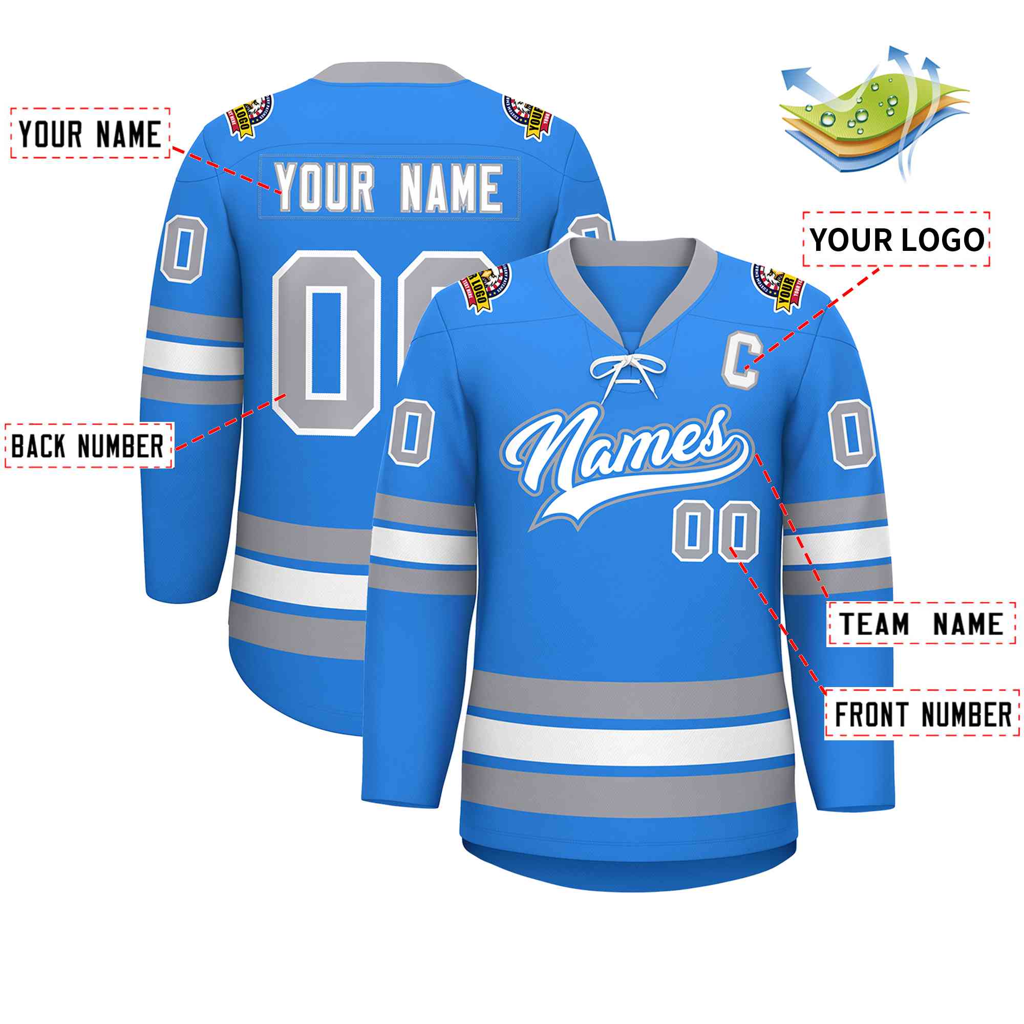 Custom Powder Blue White-Gray Lace-Up Neck Hockey Jersey | KXKSHOP