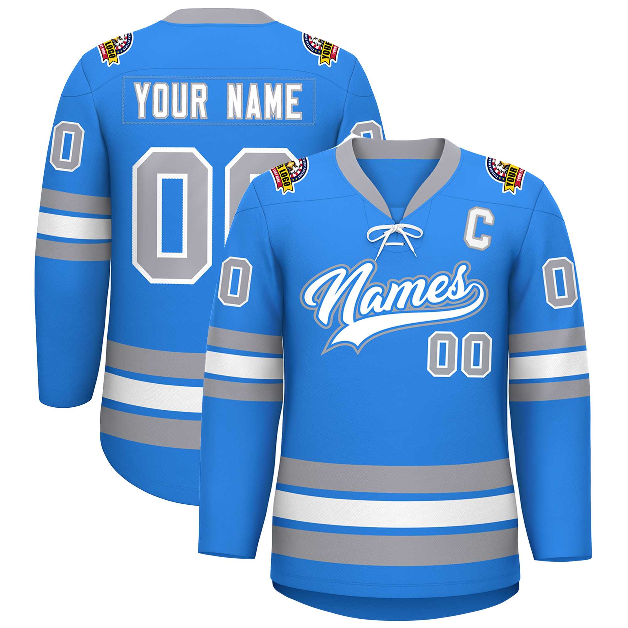 Custom Powder Blue White-Gray Lace-Up Neck Hockey Jersey | KXKSHOP