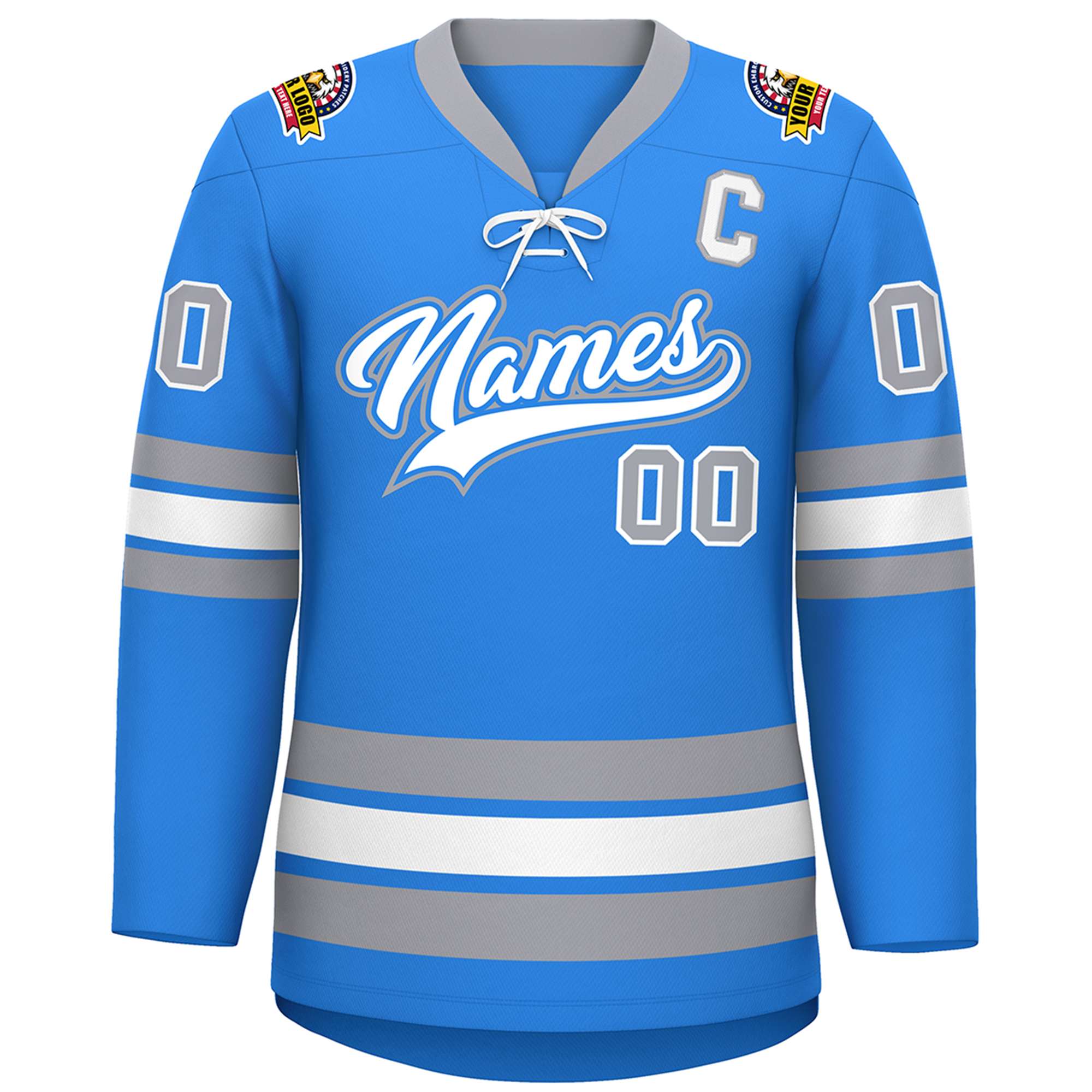 Custom Powder Blue White-Gray Lace-Up Neck Hockey Jersey | KXKSHOP