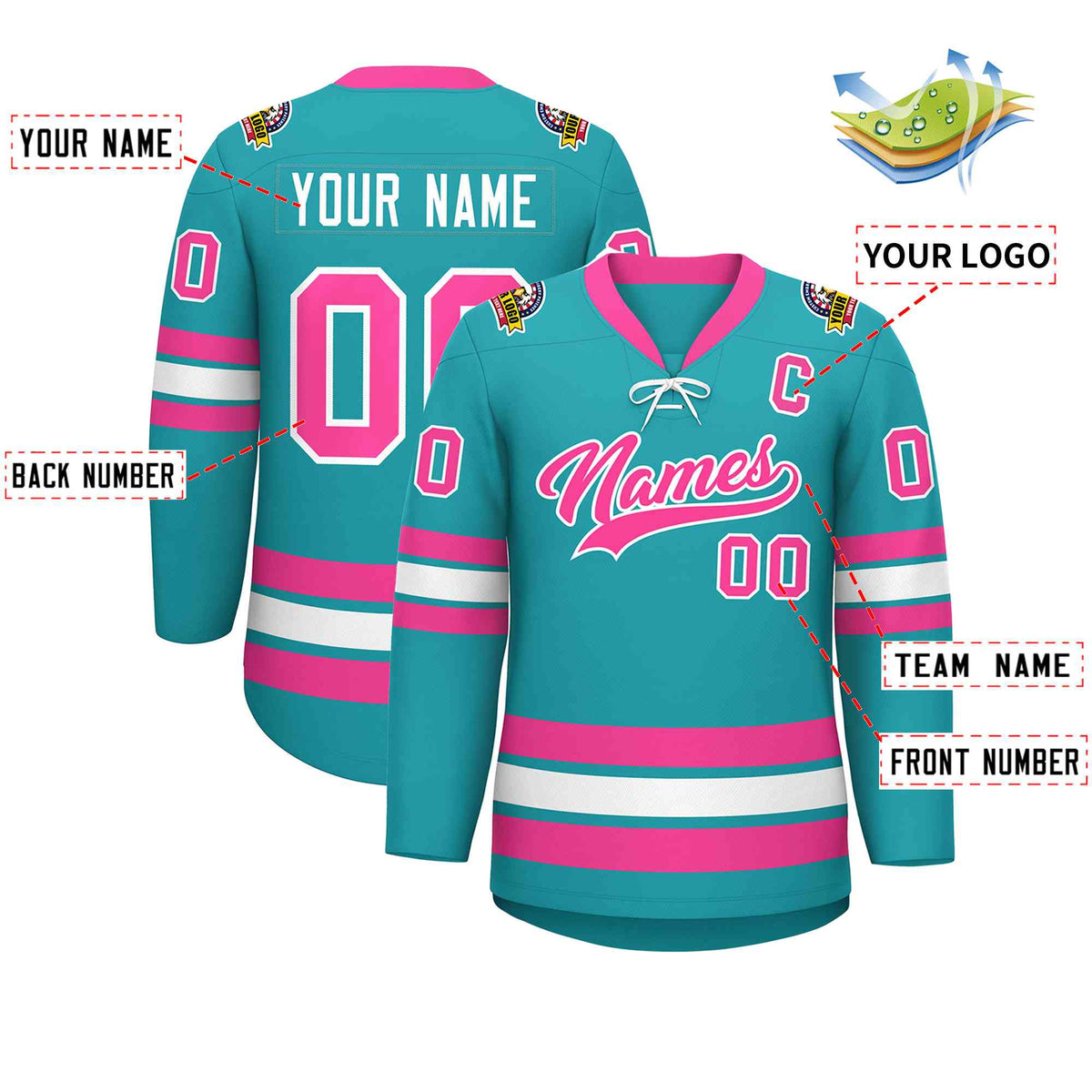Custom Aqua Pink-White Lace-Up Neck Hockey Jersey | KXKSHOP