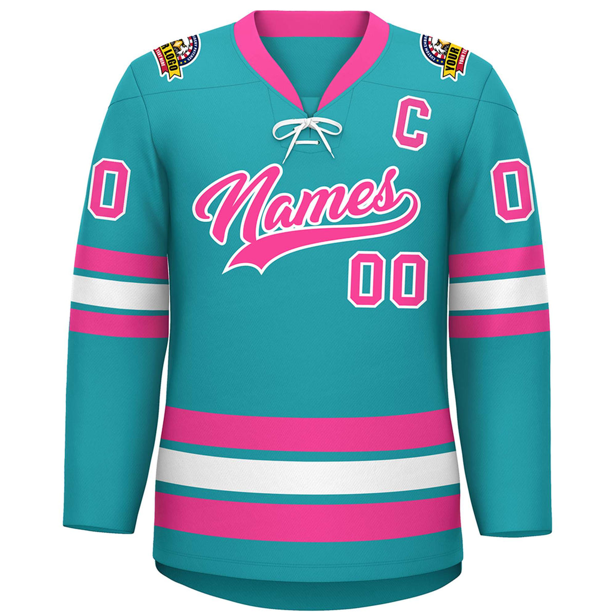 Custom Aqua Pink-White Lace-Up Neck Hockey Jersey | KXKSHOP
