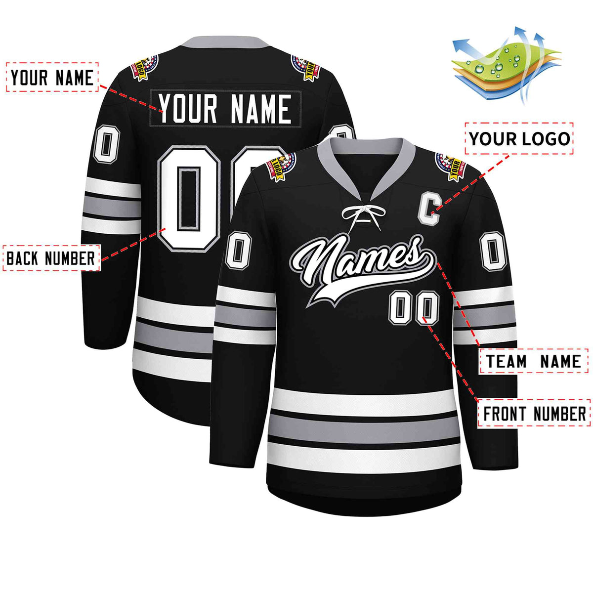 Custom Black White-Gray Lace-Up Neck Hockey Jersey | KXKSHOP