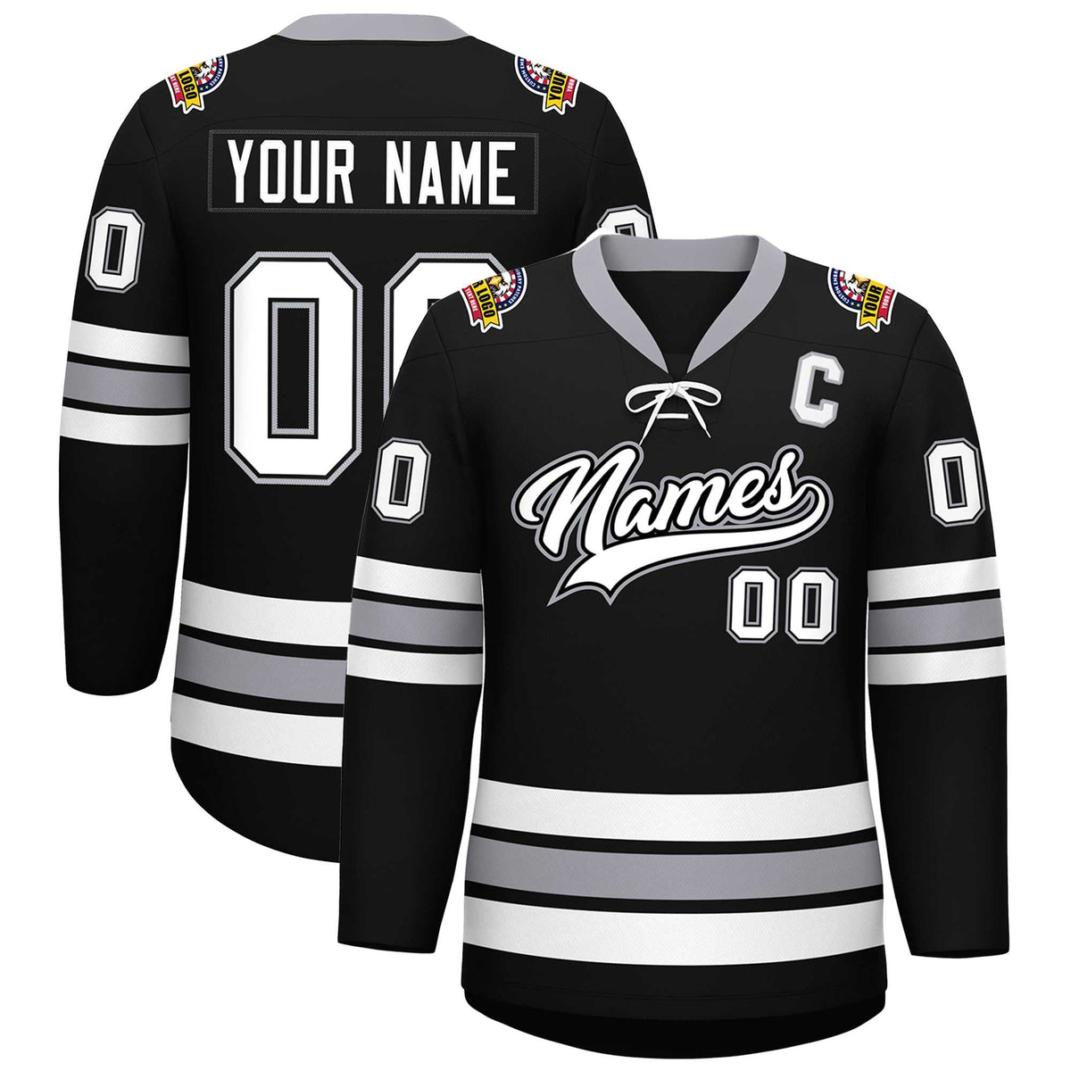 Custom Black White-Gray Lace-Up Neck Hockey Jersey | KXKSHOP
