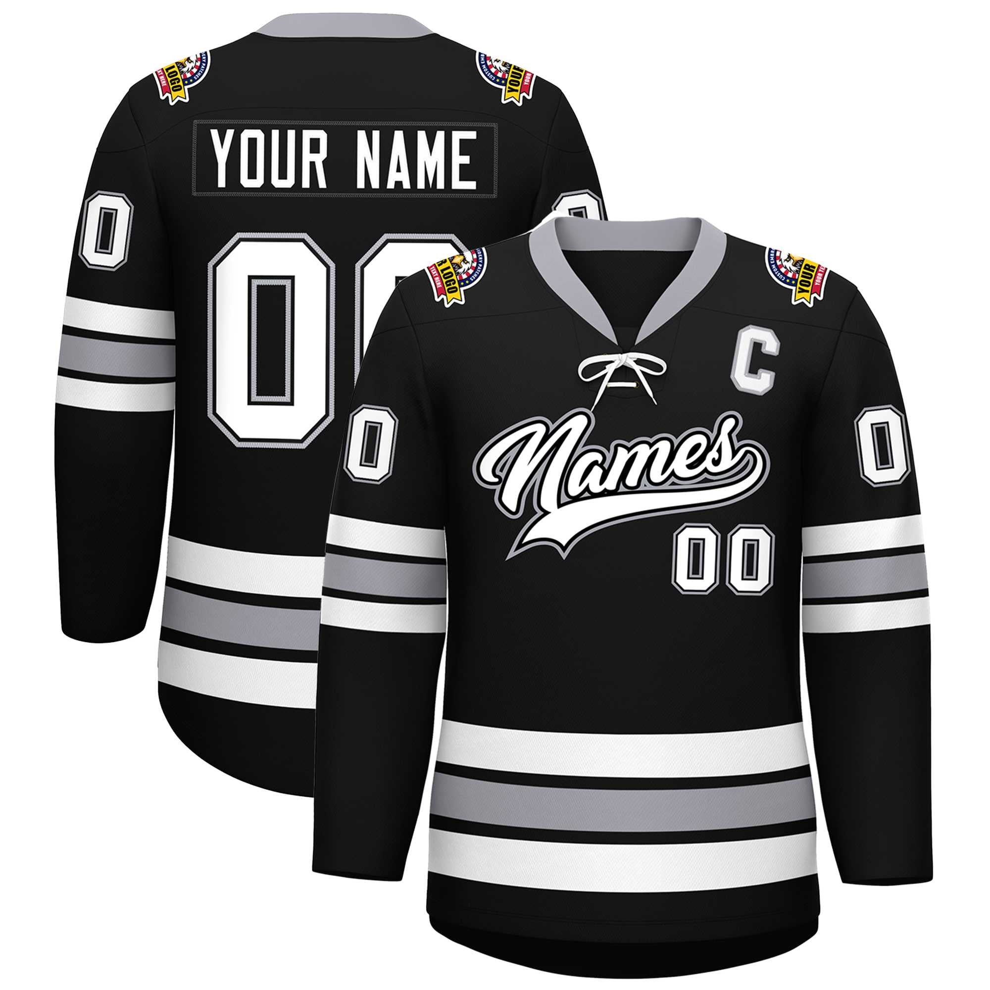 Custom Black White-Gray Lace-Up Neck Hockey Jersey | KXKSHOP