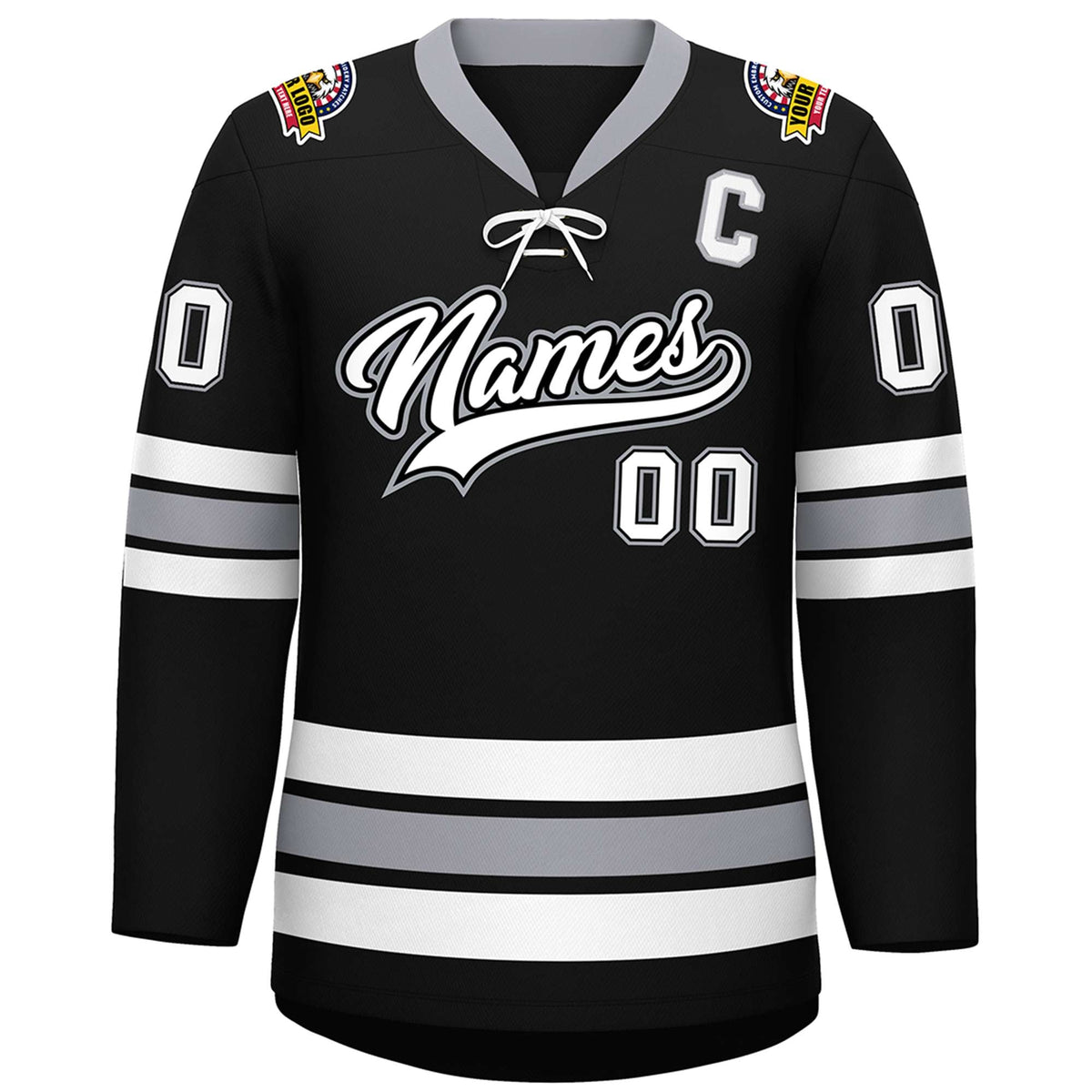 Custom Black White-Gray Lace-Up Neck Hockey Jersey | KXKSHOP