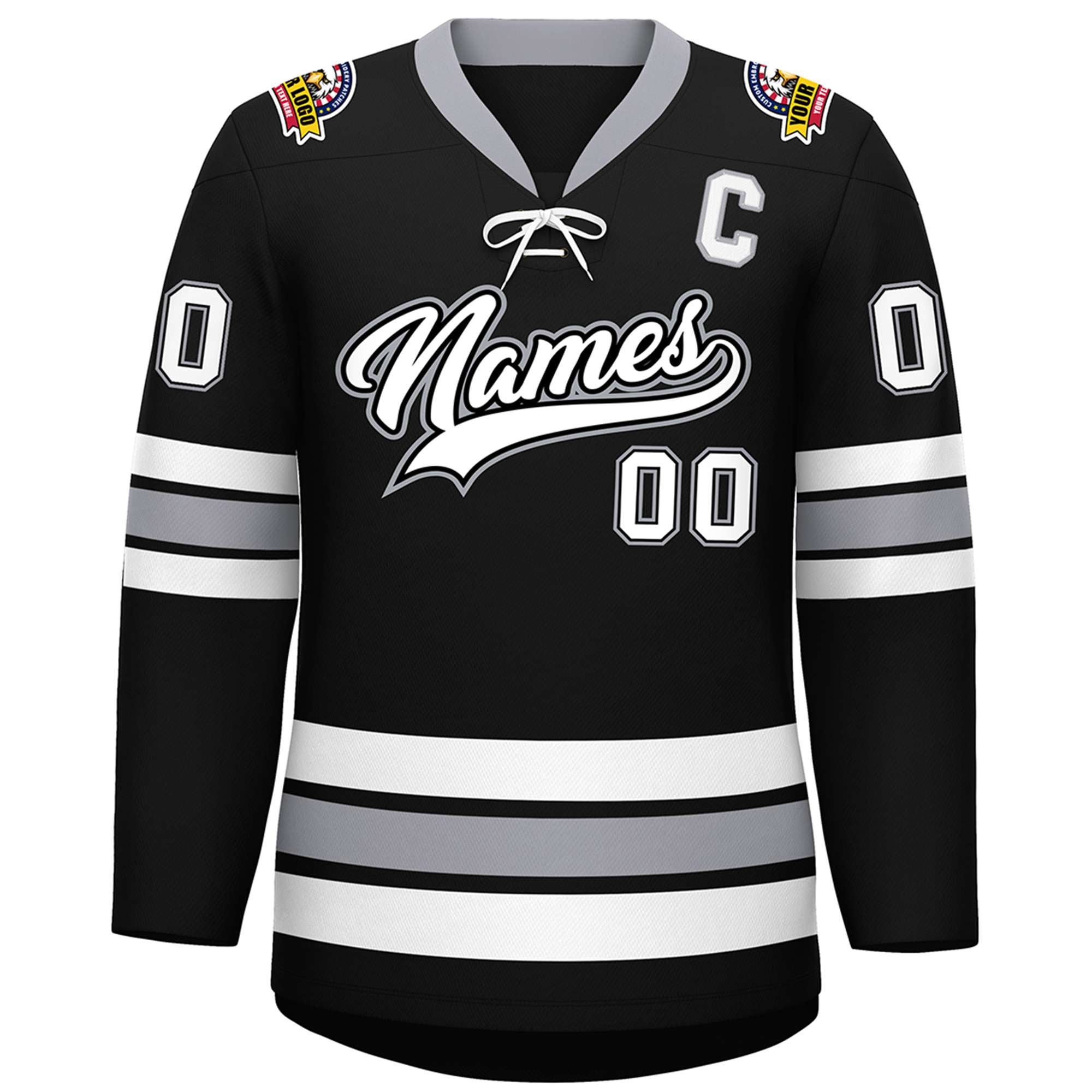 Custom Black White-Gray Lace-Up Neck Hockey Jersey | KXKSHOP