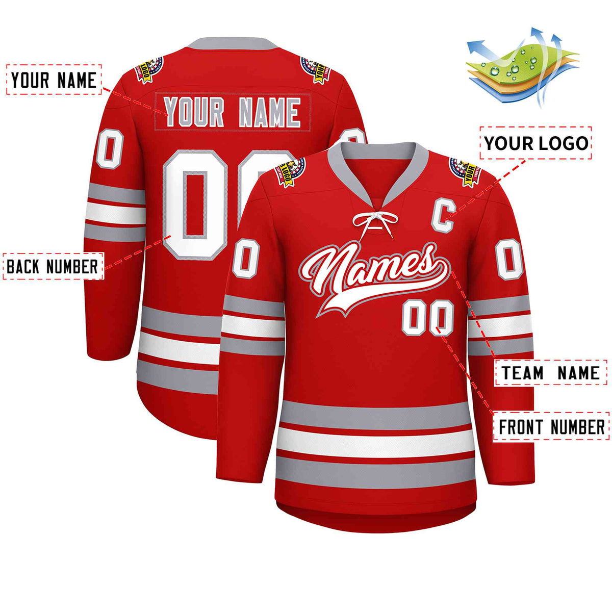 Custom Red White-Gray Lace-Up Neck Hockey Jersey | KXKSHOP