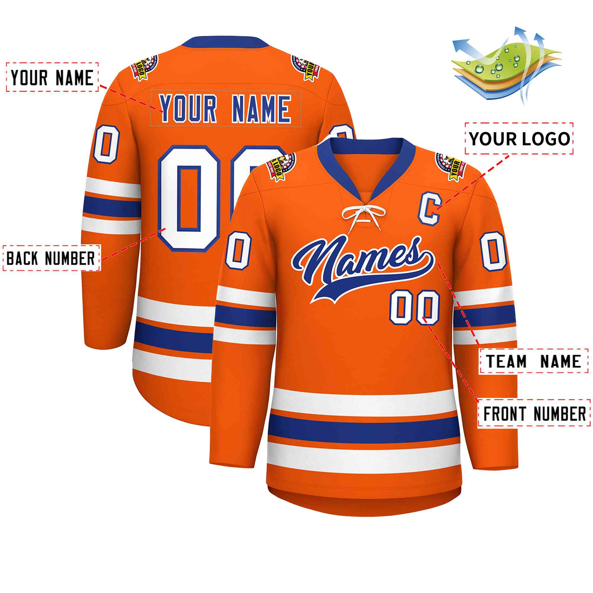 Custom Orange Royal-White Lace-Up Neck Hockey Jersey | KXKSHOP