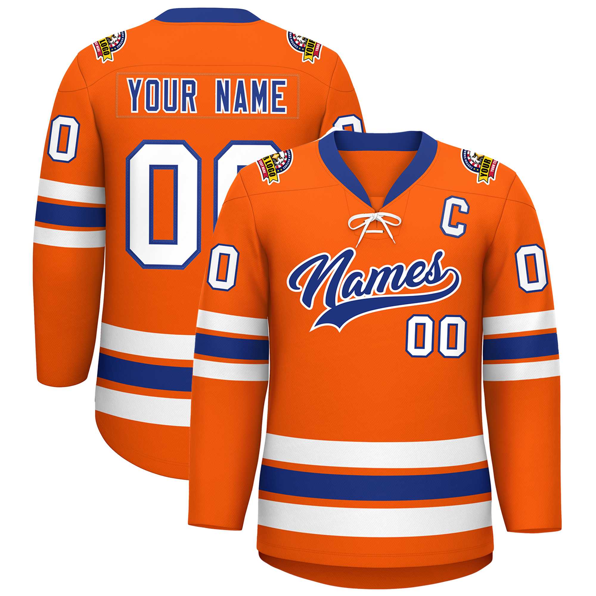 Custom Orange Royal-White Lace-Up Neck Hockey Jersey | KXKSHOP