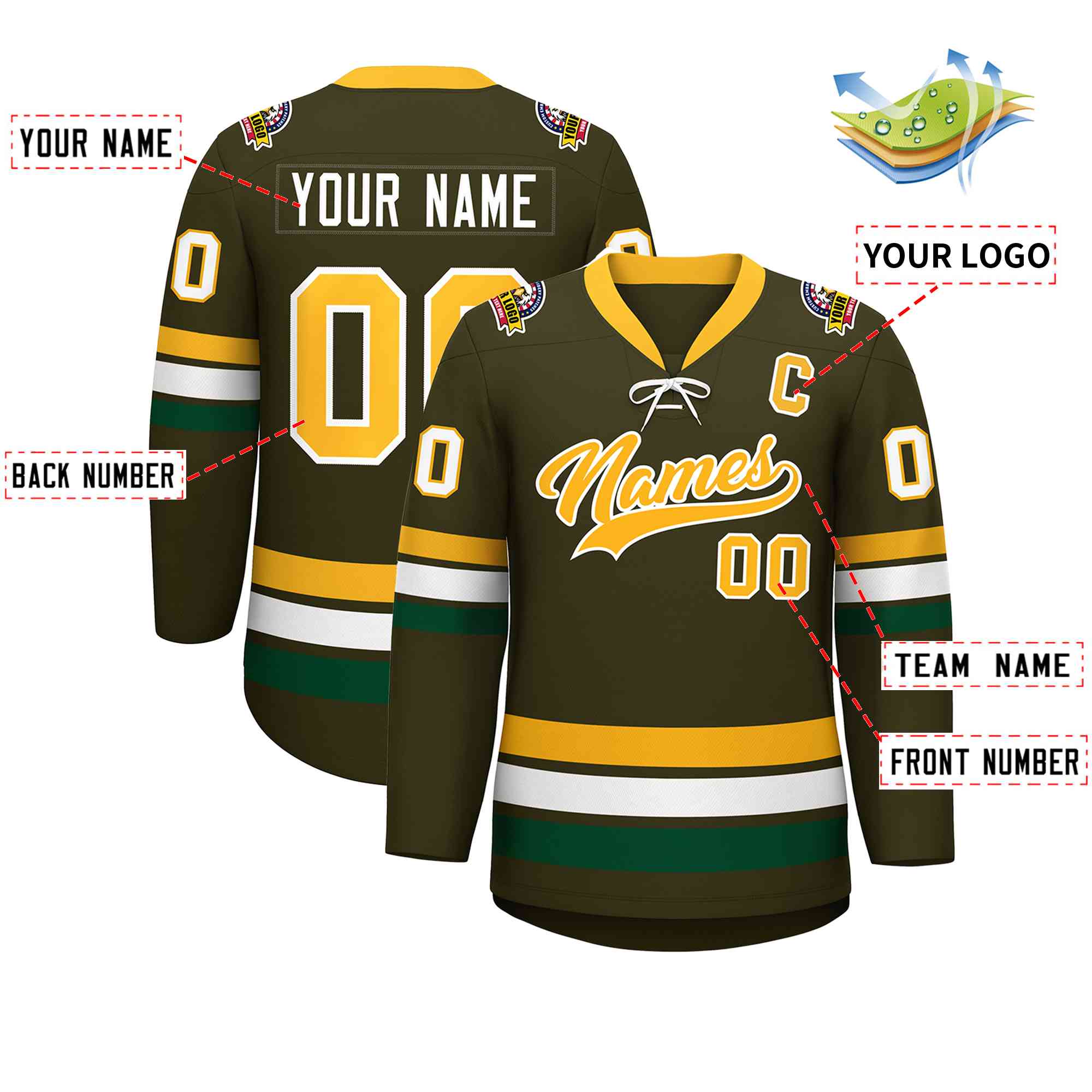 Custom Olive Yellow-White Lace-Up Neck Hockey Jersey | KXKSHOP
